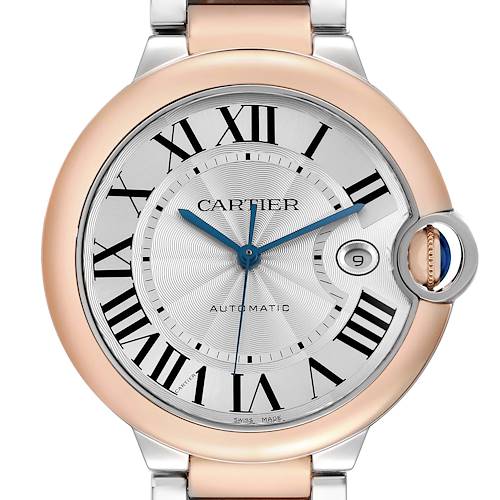 The Cartier Ballon Bleu W2BB0004 Men's Steel and Gold (two tone) Silver Dial watch is shown from the front, displaying its dial, hands, Roman numerals, and crown.