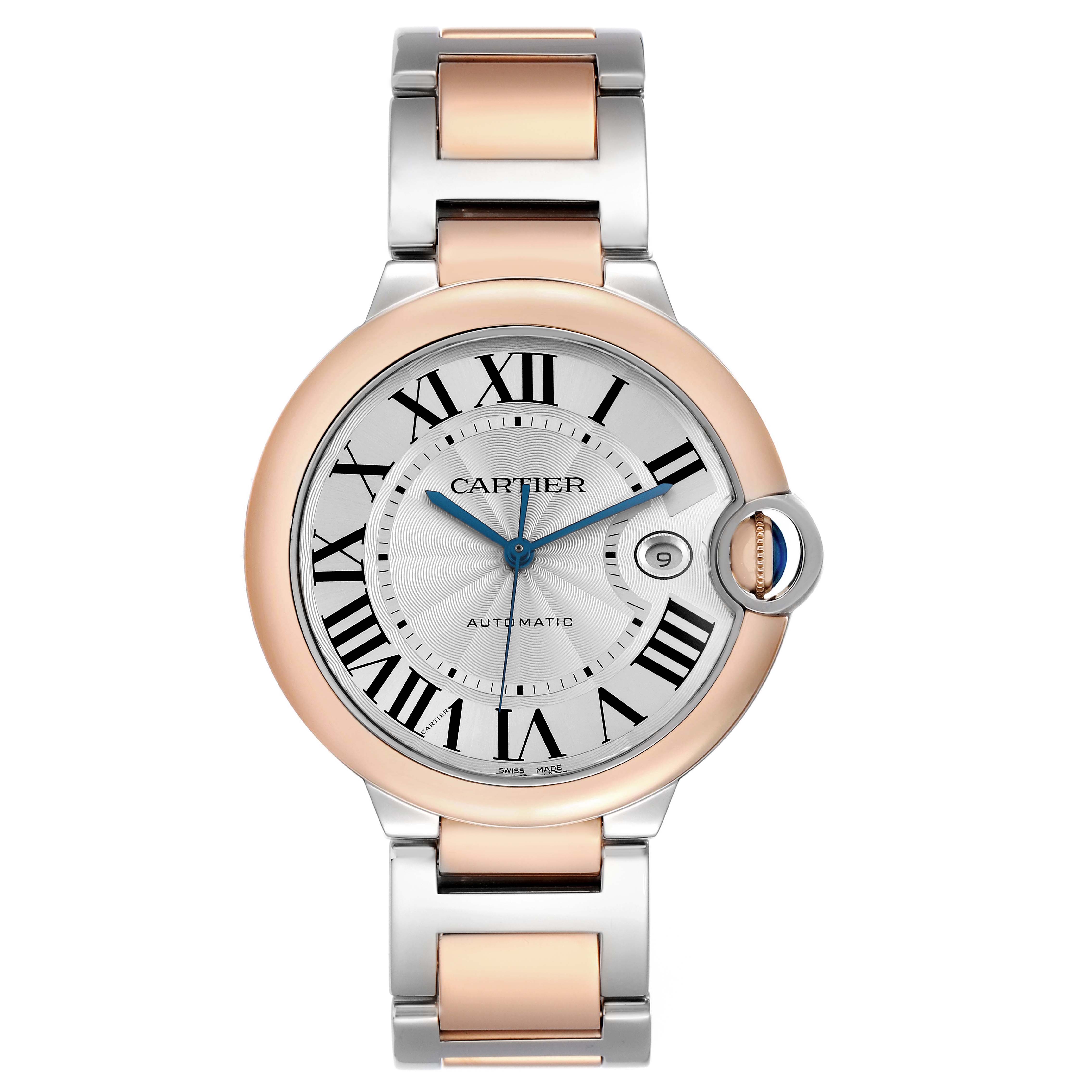 The Cartier Ballon Bleu W2BB0004 Men's Steel and Gold (two tone) Silver Dial watch is shown from the front, displaying the dial, bezel, and part of the bracelet.