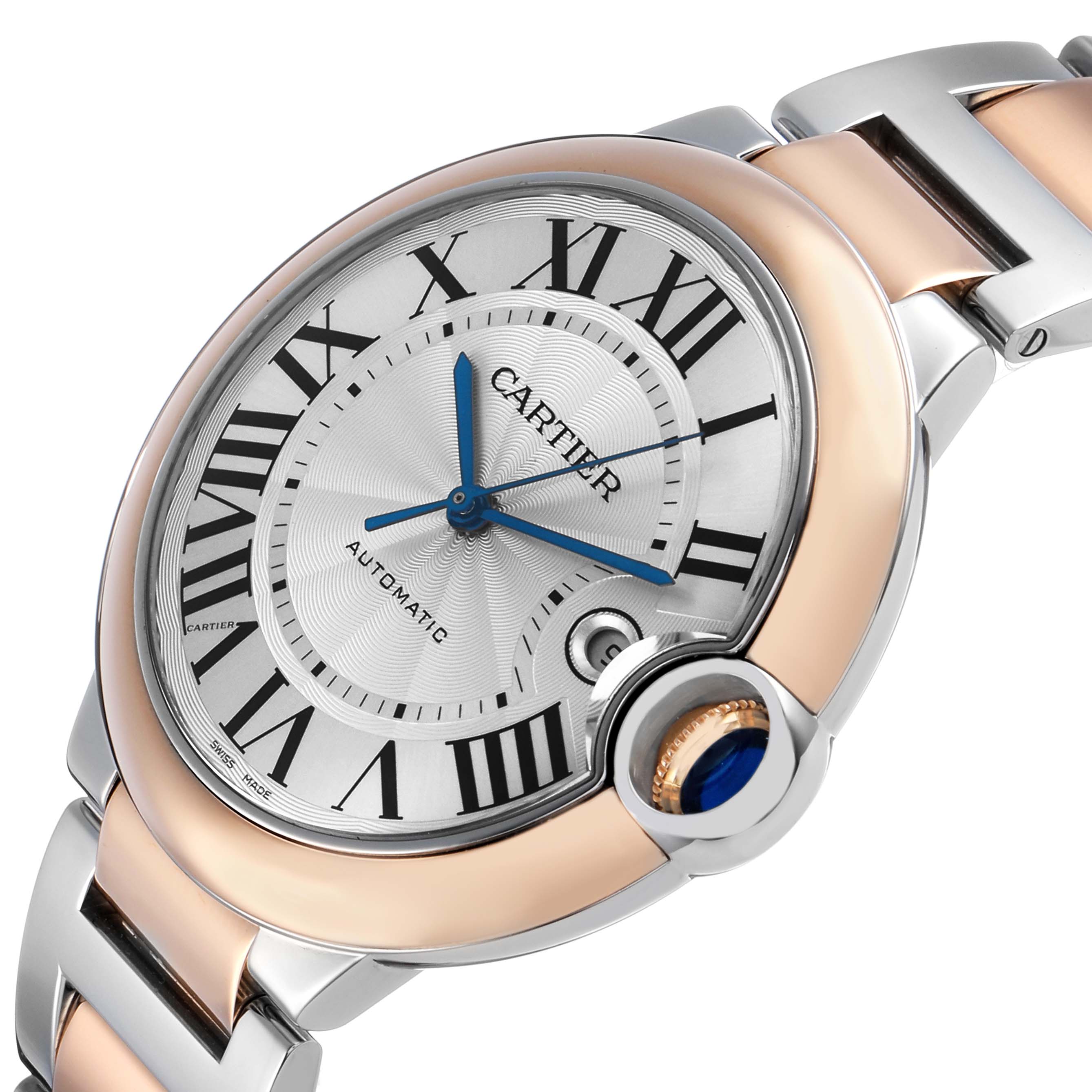 The Cartier Ballon Bleu W2BB0004 Men's Steel and Gold (two tone) Silver Dial watch is shown at a front angle highlighting the dial, Roman numerals, blue hands, and part of the bracelet.