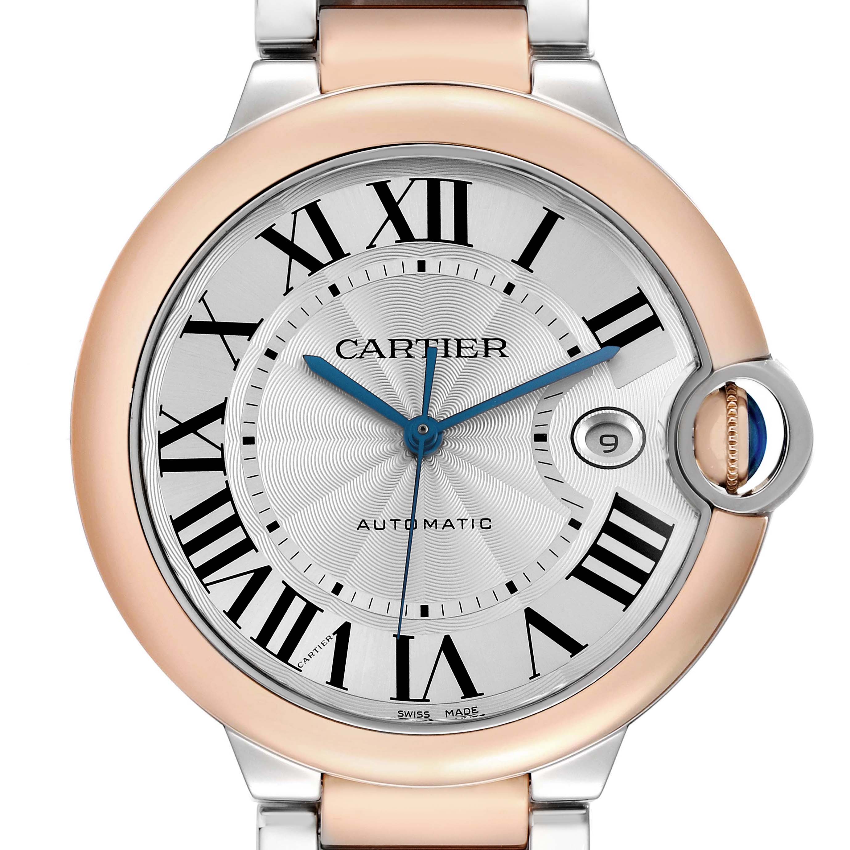 The Cartier Ballon Bleu W2BB0004 Men's Steel and Gold (two tone) Silver Dial watch is shown from a frontal angle, highlighting the face, Roman numerals, hands, date window, and crown.