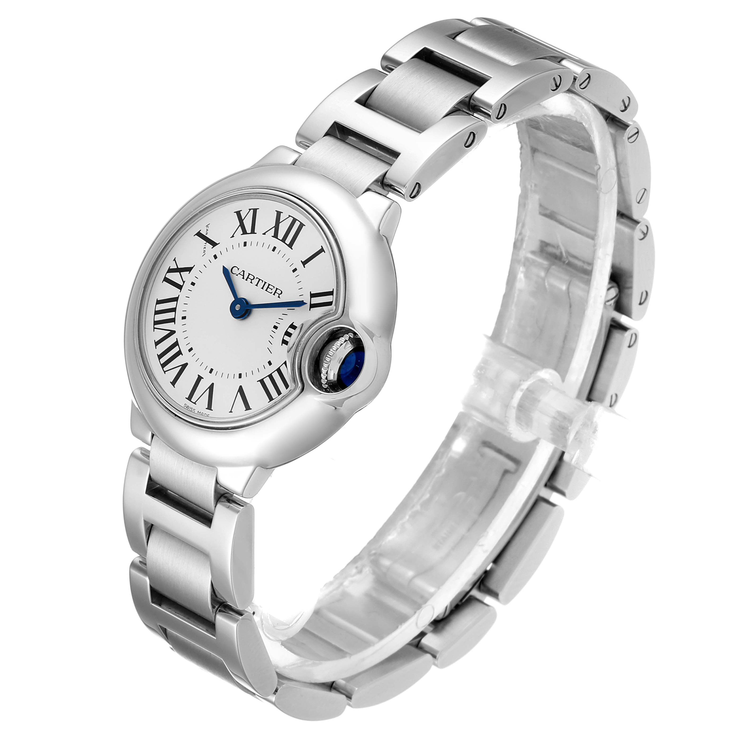 The Cartier Ballon Bleu W69010Z4 Women
s Stainless Steel Silver Dial W69010Z4 Women
s Stainless Steel Silver Dial watch is shown at a three-quarter angle, highlighting its face, bracelet, and blue cabochon crown.