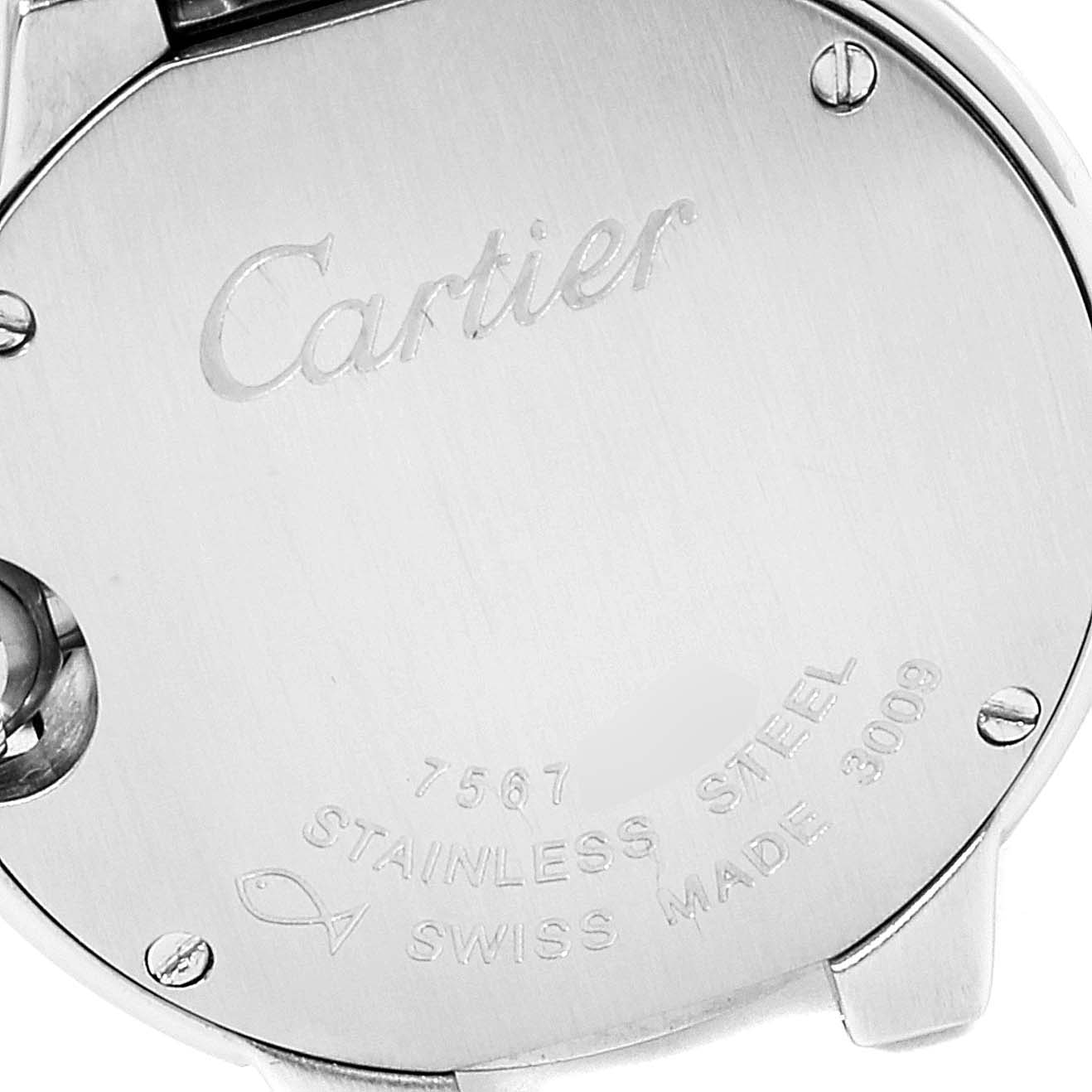 This image shows the back case of a Cartier Ballon Bleu W69010Z4 Women
s Stainless Steel Silver Dial W69010Z4 Women
s Stainless Steel Silver Dial watch, highlighting engravings and stainless steel details.