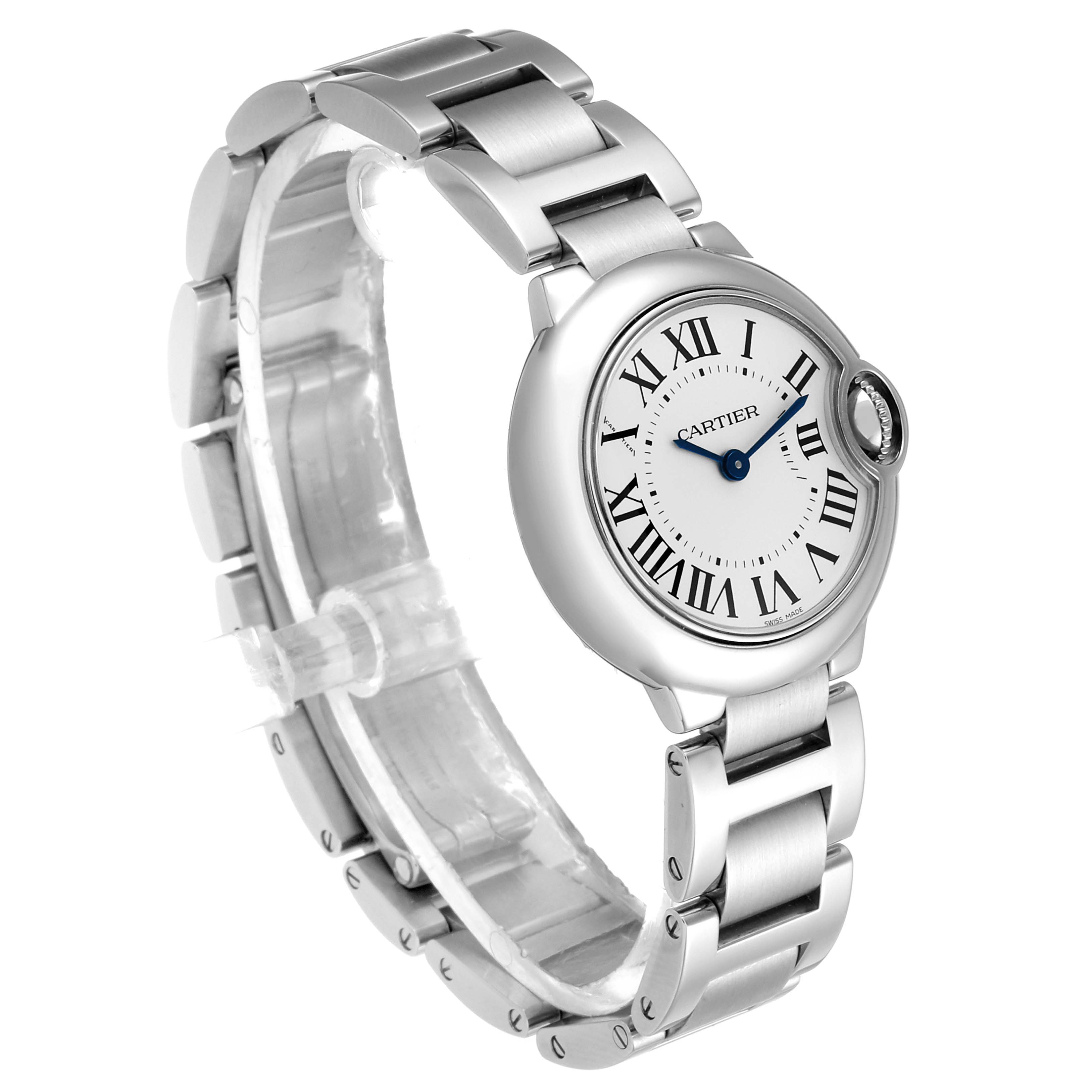 The image shows a side angle of a Cartier Ballon Bleu W69010Z4 Women
s Stainless Steel Silver Dial W69010Z4 Women
s Stainless Steel Silver Dial watch, featuring its round case, Roman numerals, and metallic bracelet.