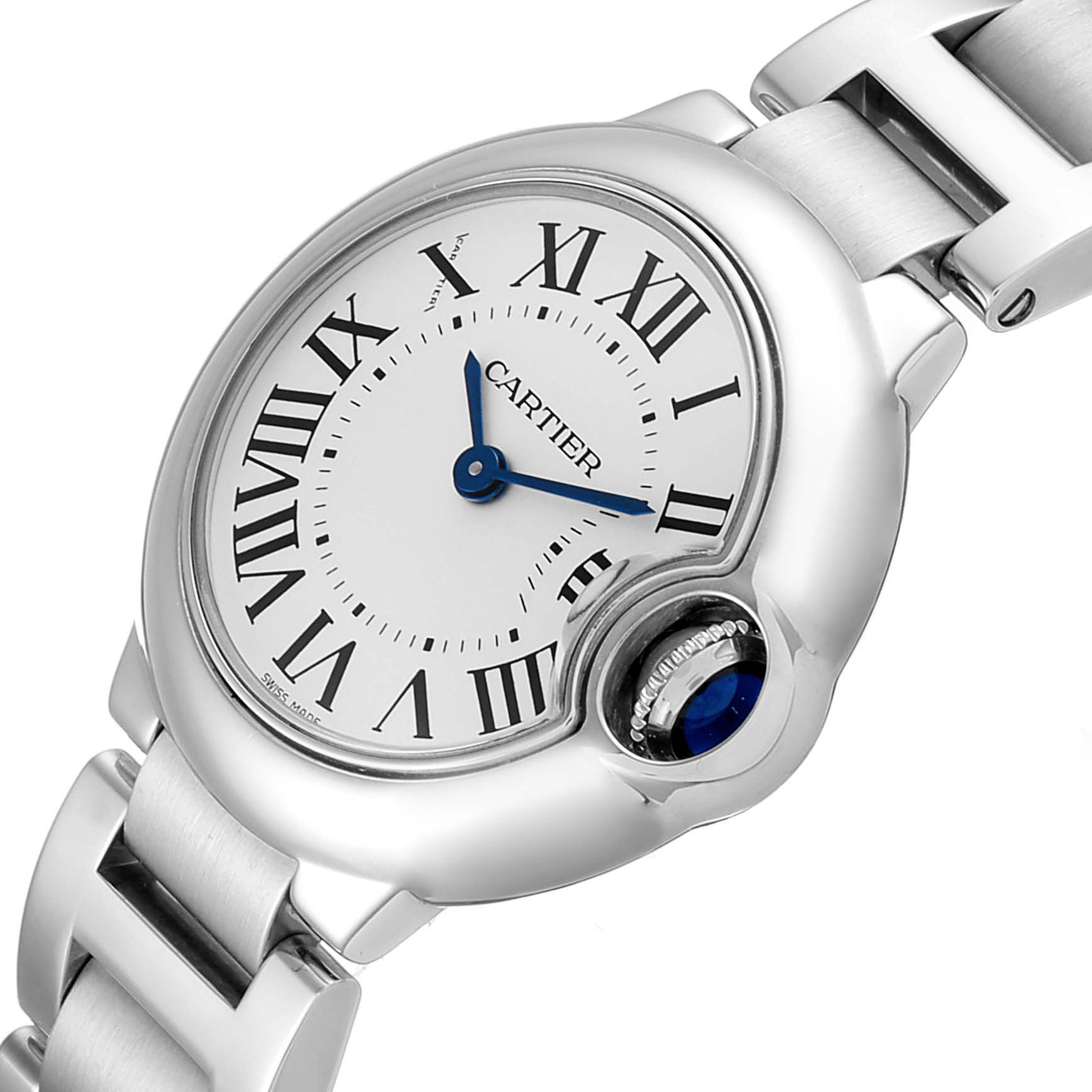 The image shows a close-up angle of the Cartier Ballon Bleu W69010Z4 Women
s Stainless Steel Silver Dial W69010Z4 Women
s Stainless Steel Silver Dial watch, highlighting its dial, crown, and part of the metal bracelet.