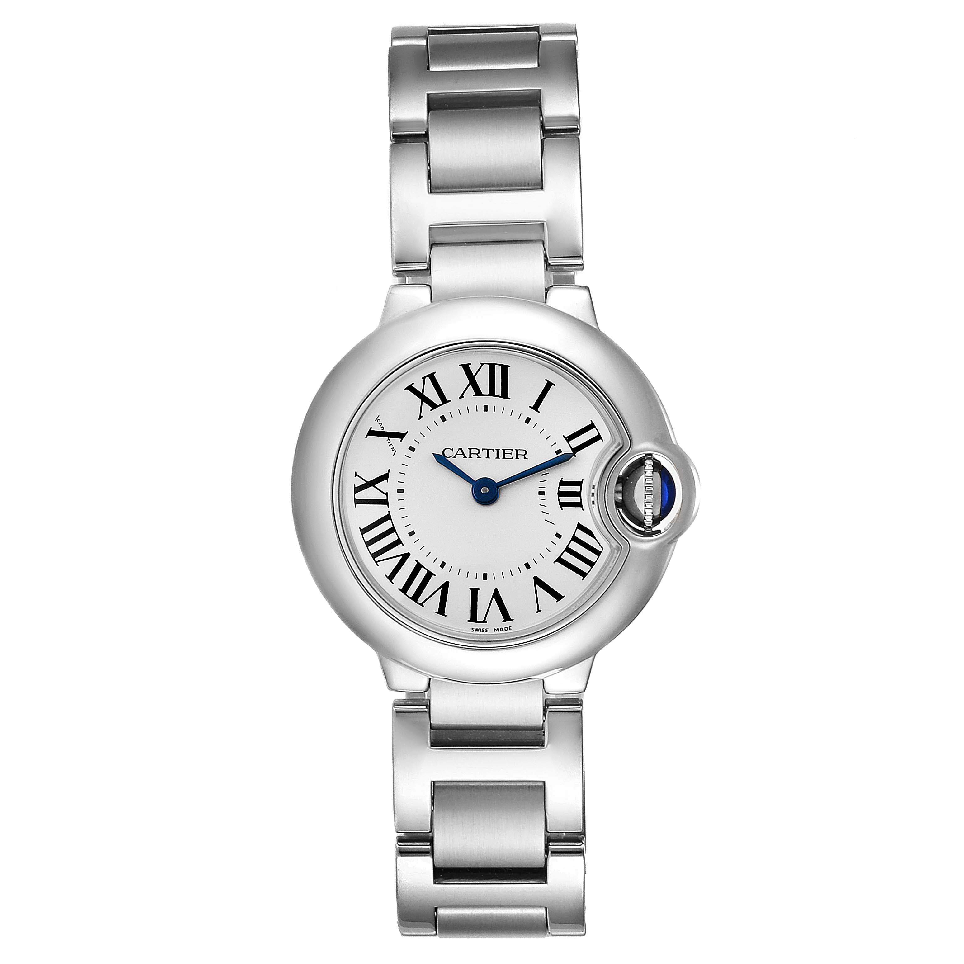 The image shows a front view of the Cartier Ballon Bleu W69010Z4 Women
s Stainless Steel Silver Dial W69010Z4 Women
s Stainless Steel Silver Dial watch, displaying the dial, hands, and metal bracelet.