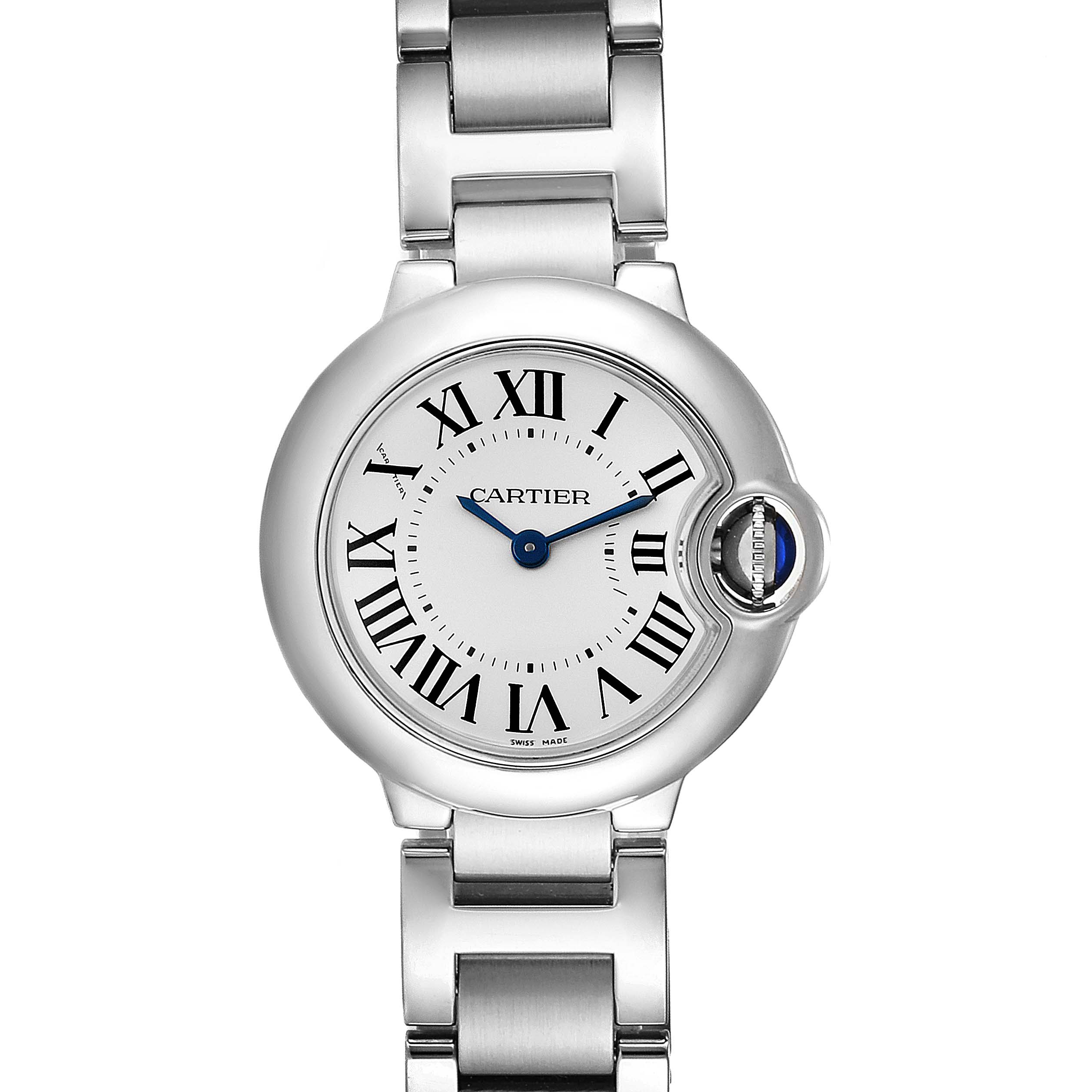 The image shows a front view of the Cartier Ballon Bleu W69010Z4 Women
s Stainless Steel Silver Dial W69010Z4 Women
s Stainless Steel Silver Dial watch, highlighting the face, hour markers, hands, and bracelet.