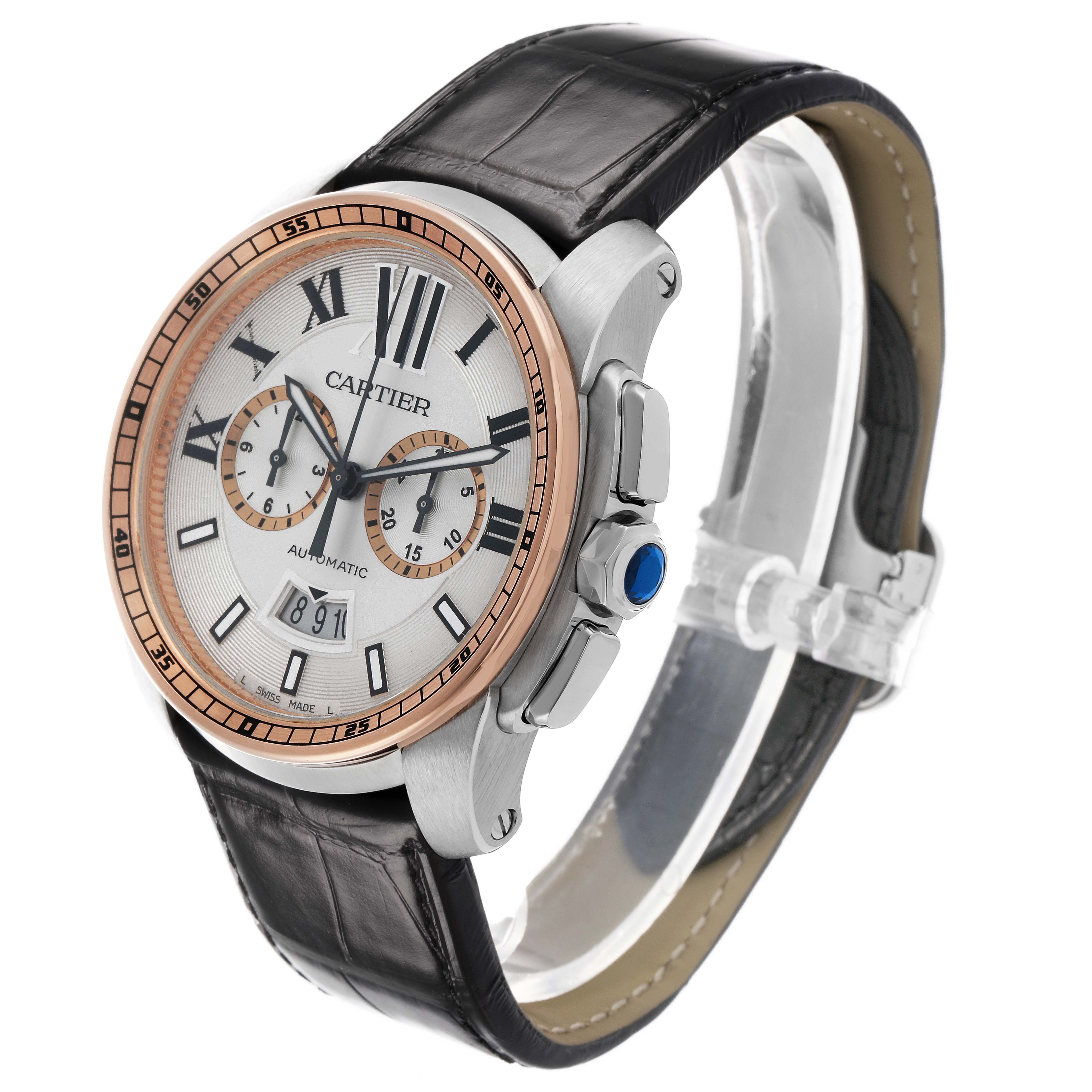 The Calibre de Cartier watch is shown at a three-quarter angle, highlighting the dial, bezel, crown, and leather strap.