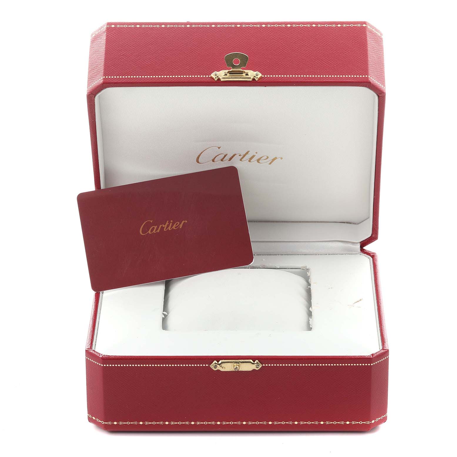 The image shows the red case and card for the Drive de Cartier watch by Cartier in an open position.