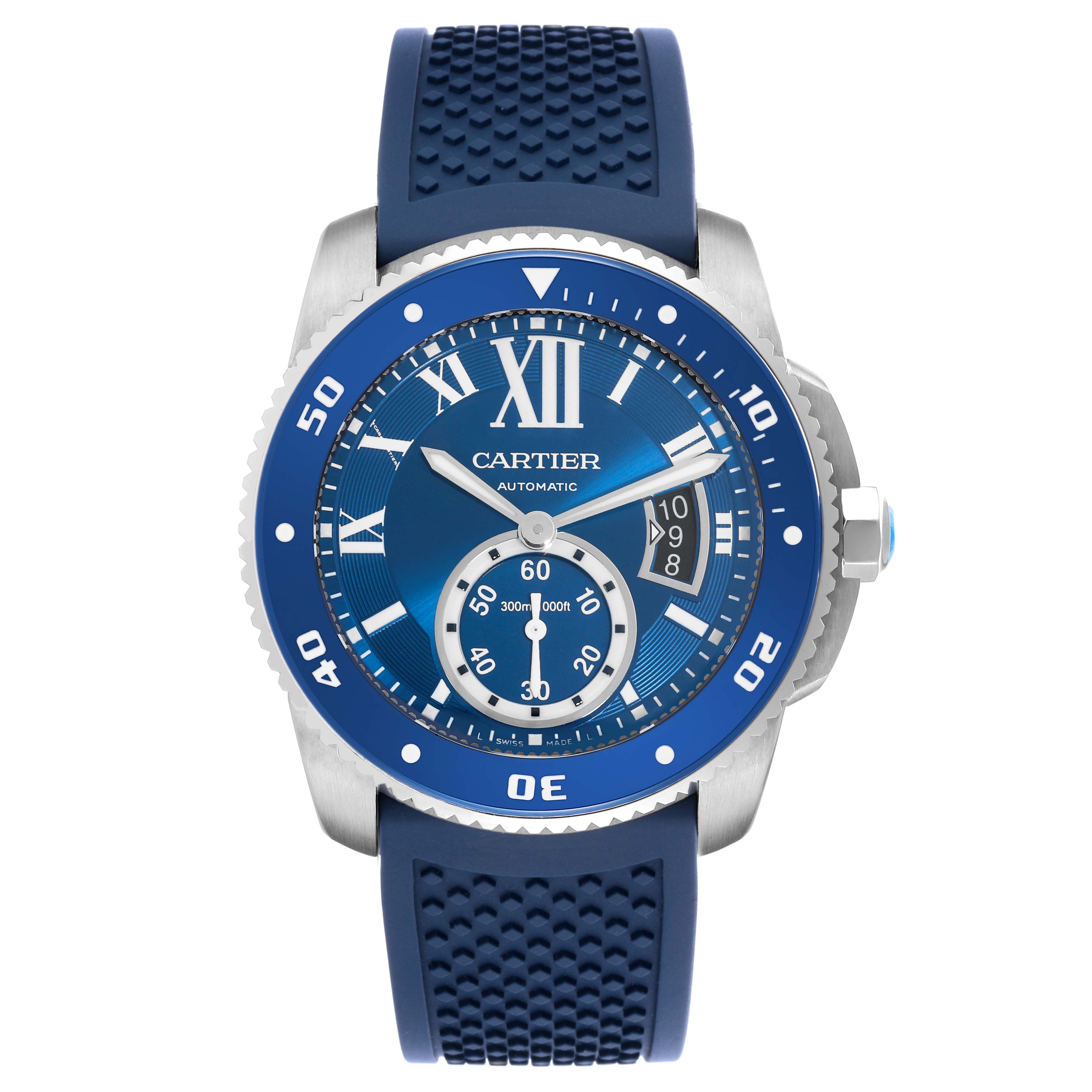 The Drive de Cartier watch is shown from a front view, highlighting its blue dial, bezel, and rubber strap.