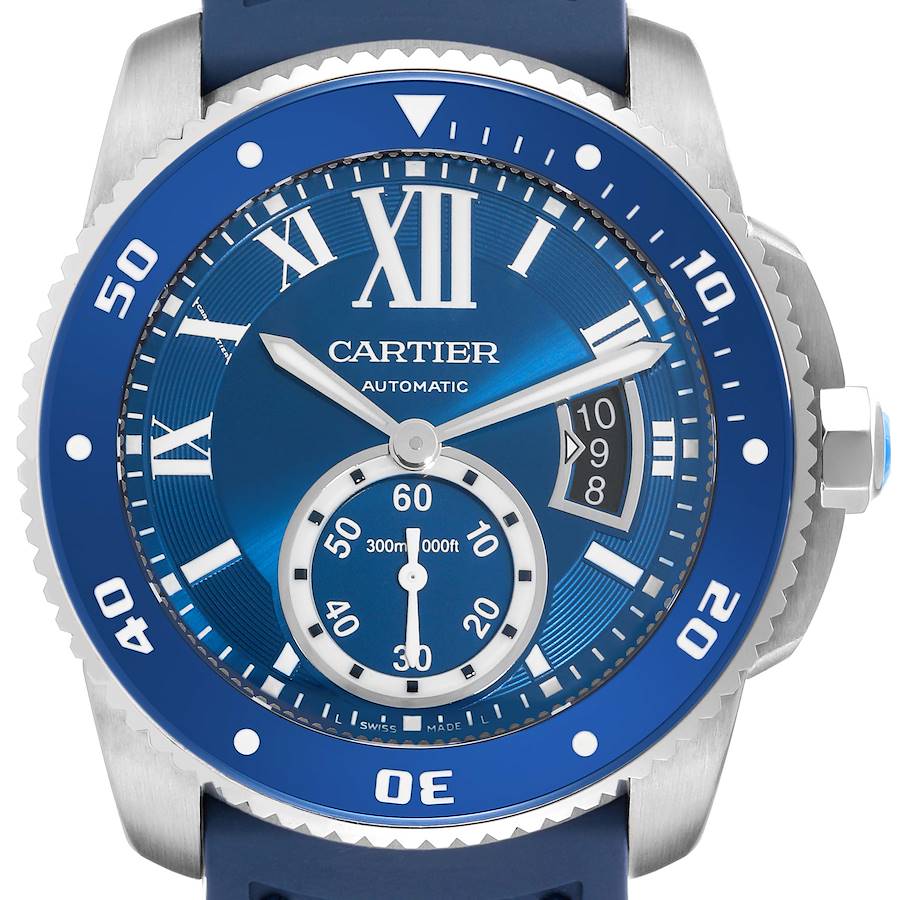 The Drive de Cartier watch is shown in a close-up front angle, highlighting the blue dial, bezel, and strap details.