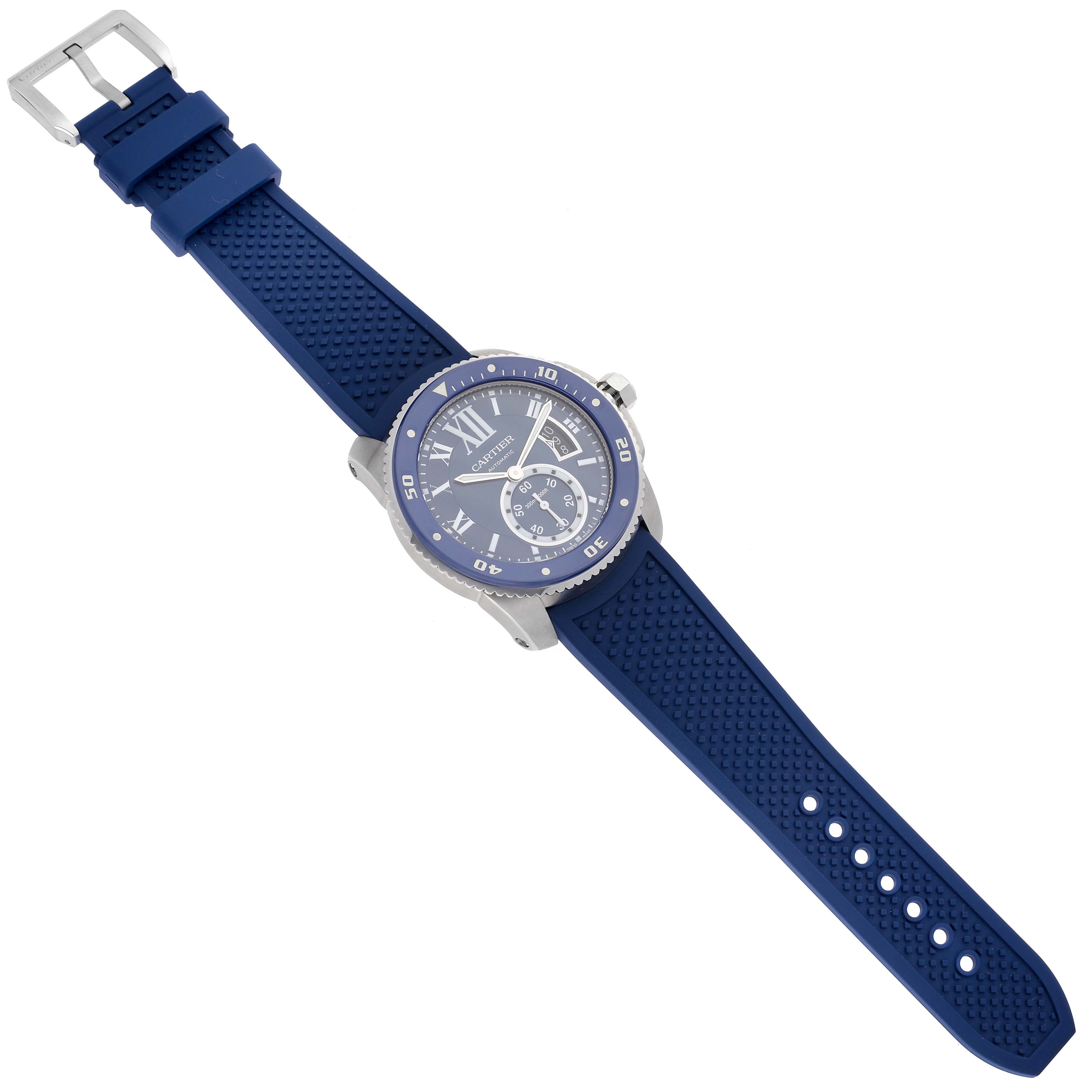 The Drive de Cartier watch by Cartier is shown from an angled top view, displaying its blue face and strap.