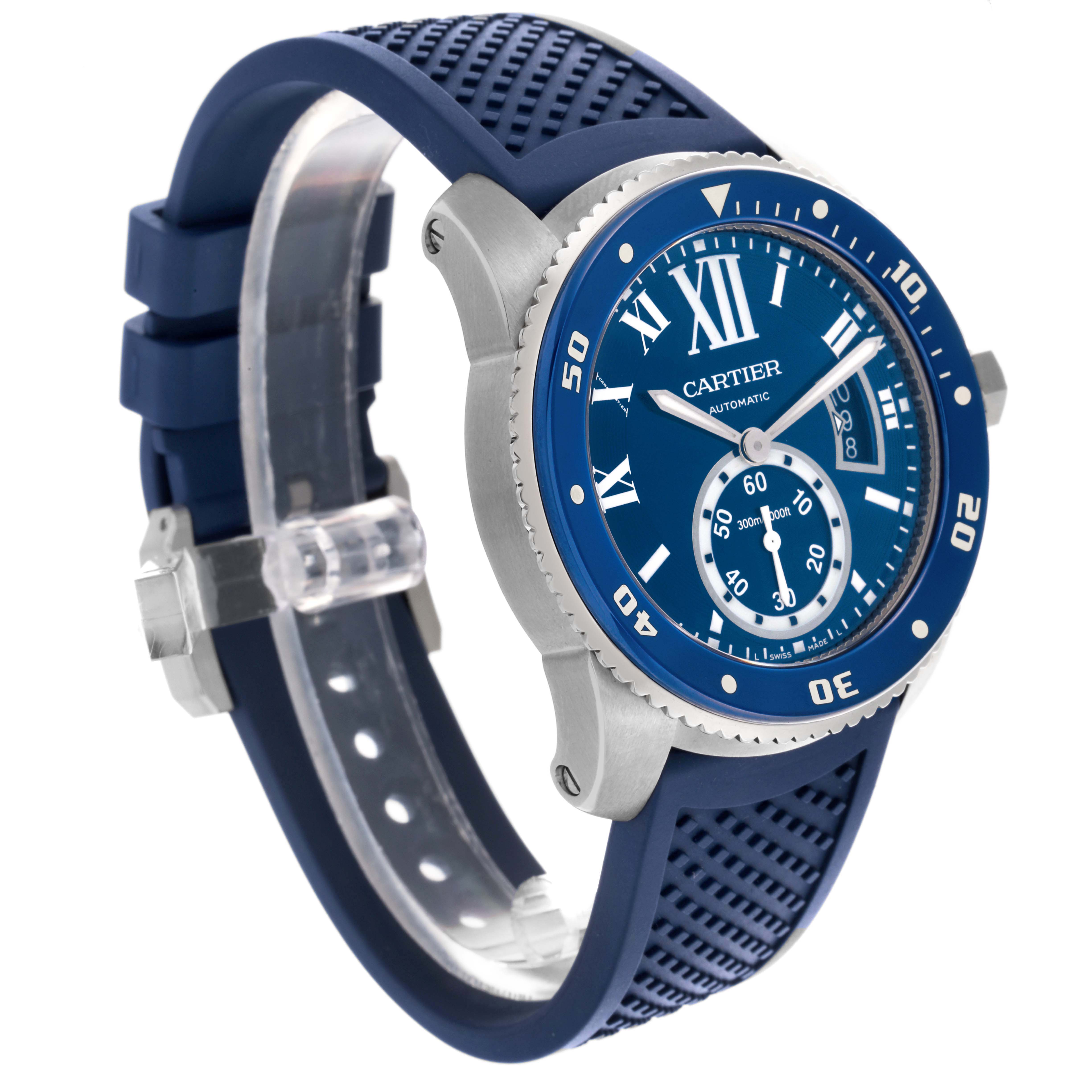 The Drive de Cartier watch by Cartier is shown at a three-quarter angle, highlighting its blue dial, bezel, and rubber strap.
