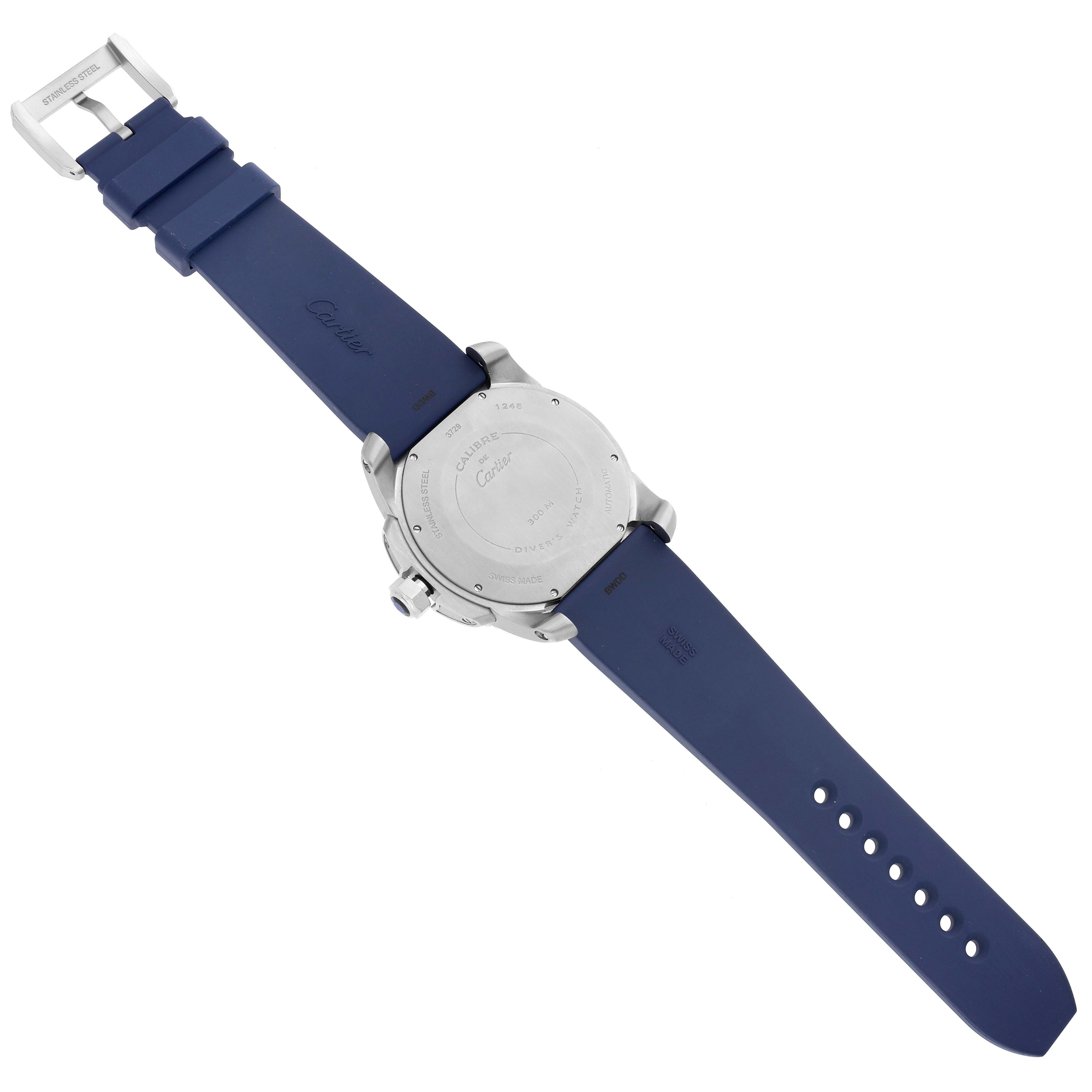 The image shows the back view of the Drive de Cartier watch, highlighting the case back, crown, and blue strap.