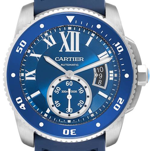 The Drive de Cartier watch is shown in a front view, highlighting its dial, bezel, and strap.