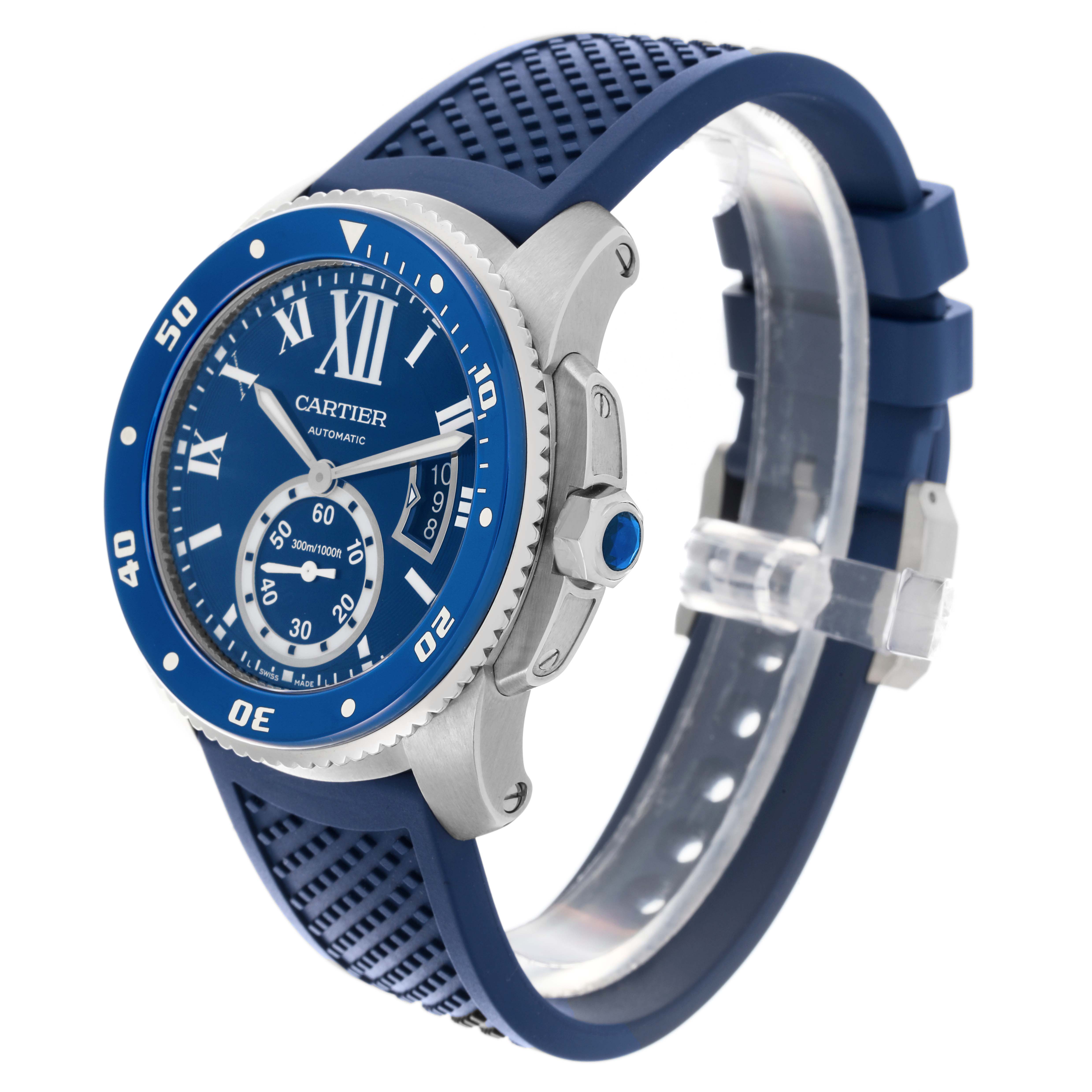 The Drive de Cartier watch is shown at a slight angle, highlighting the blue dial, bezel, and textured strap.