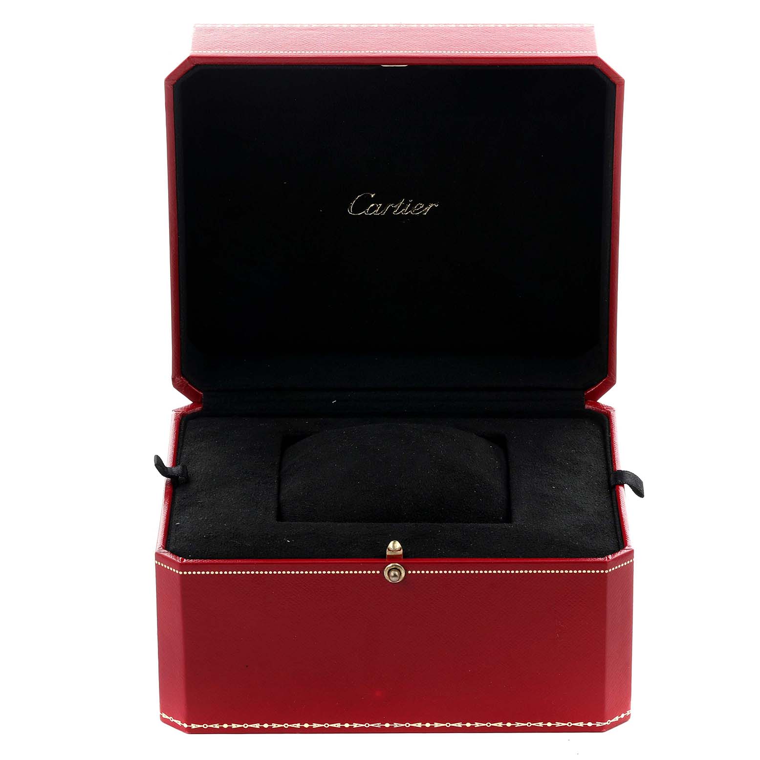 The image shows an open Cartier watch box for the Calibre de Cartier model, featuring a red exterior and black interior.
