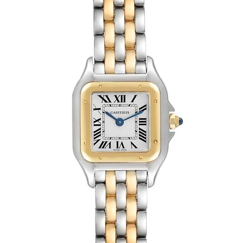 The Cartier Panthere watch is shown from the front, displaying the face, bezel, and part of the bracelet.