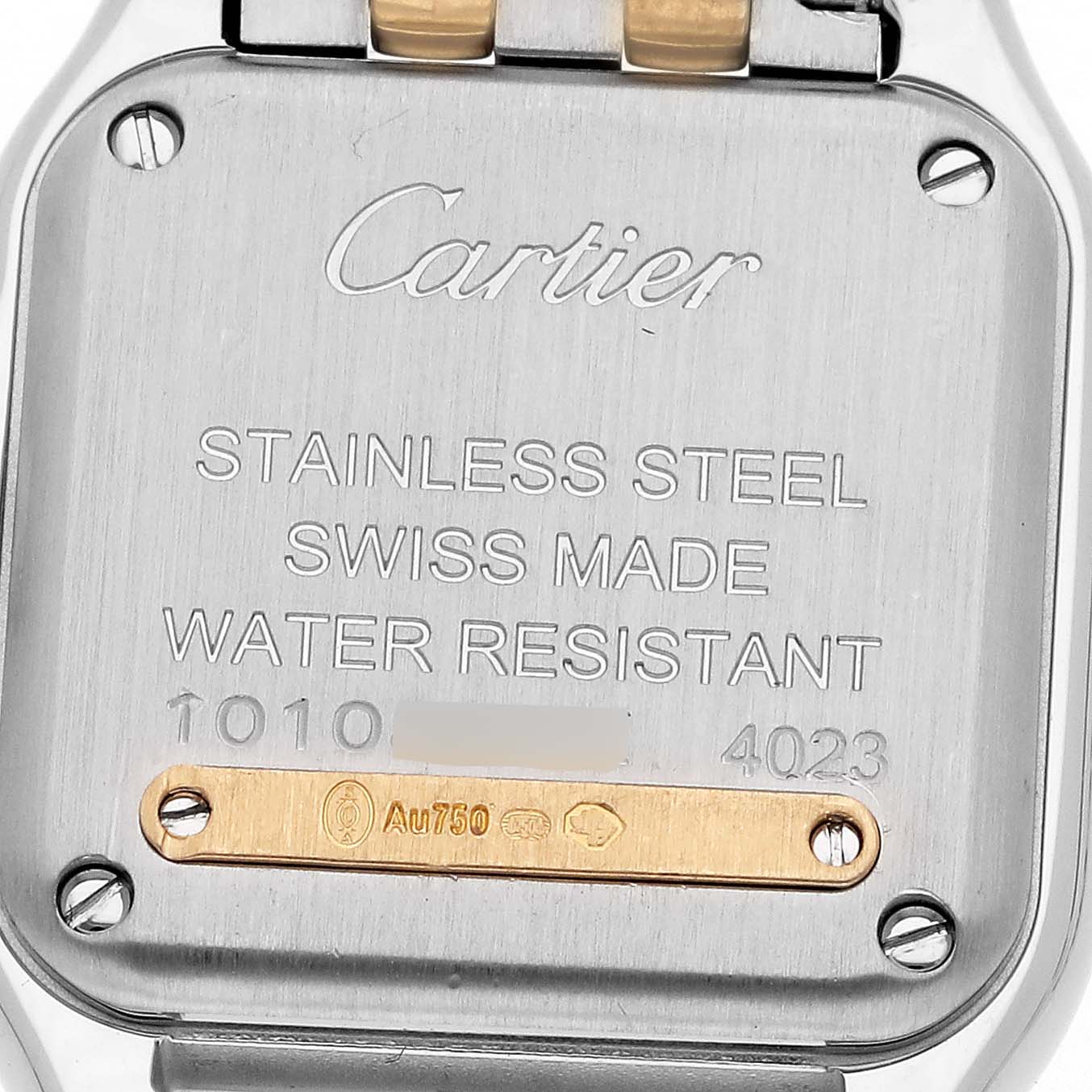 The image shows the back case of a Cartier Panthere W2PN0006 Women's Steel and Gold (two tone) Silver Dial W2PN0006 Women's Steel and Gold (two tone) Silver Dial watch, highlighting its stainless steel, Swiss made, and water-resistant details.