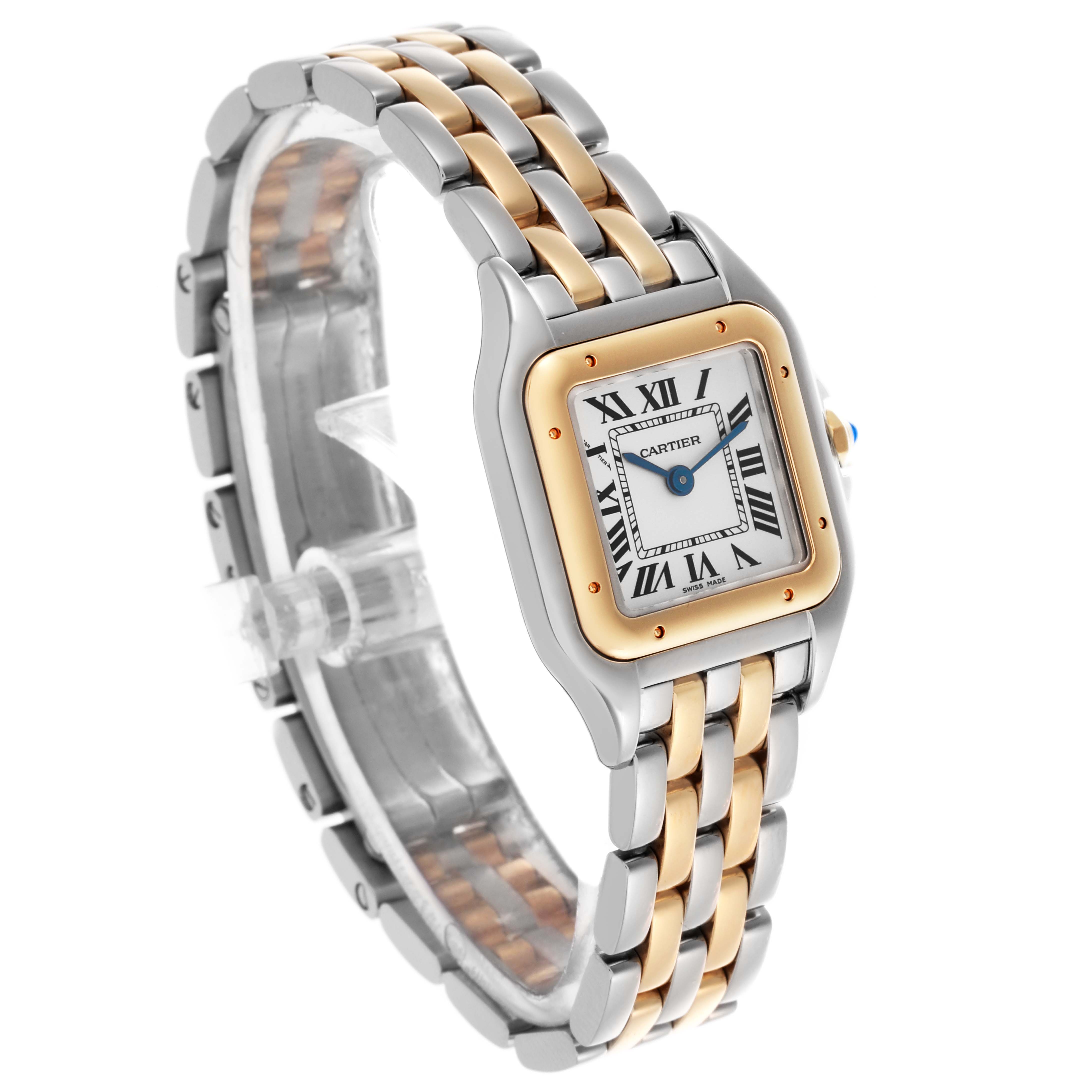 The Cartier Panthere W2PN0006 Women's Steel and Gold (two tone) Silver Dial W2PN0006 Women's Steel and Gold (two tone) Silver Dial watch is shown at a three-quarter angle, highlighting the face, bezel, and two-tone bracelet.