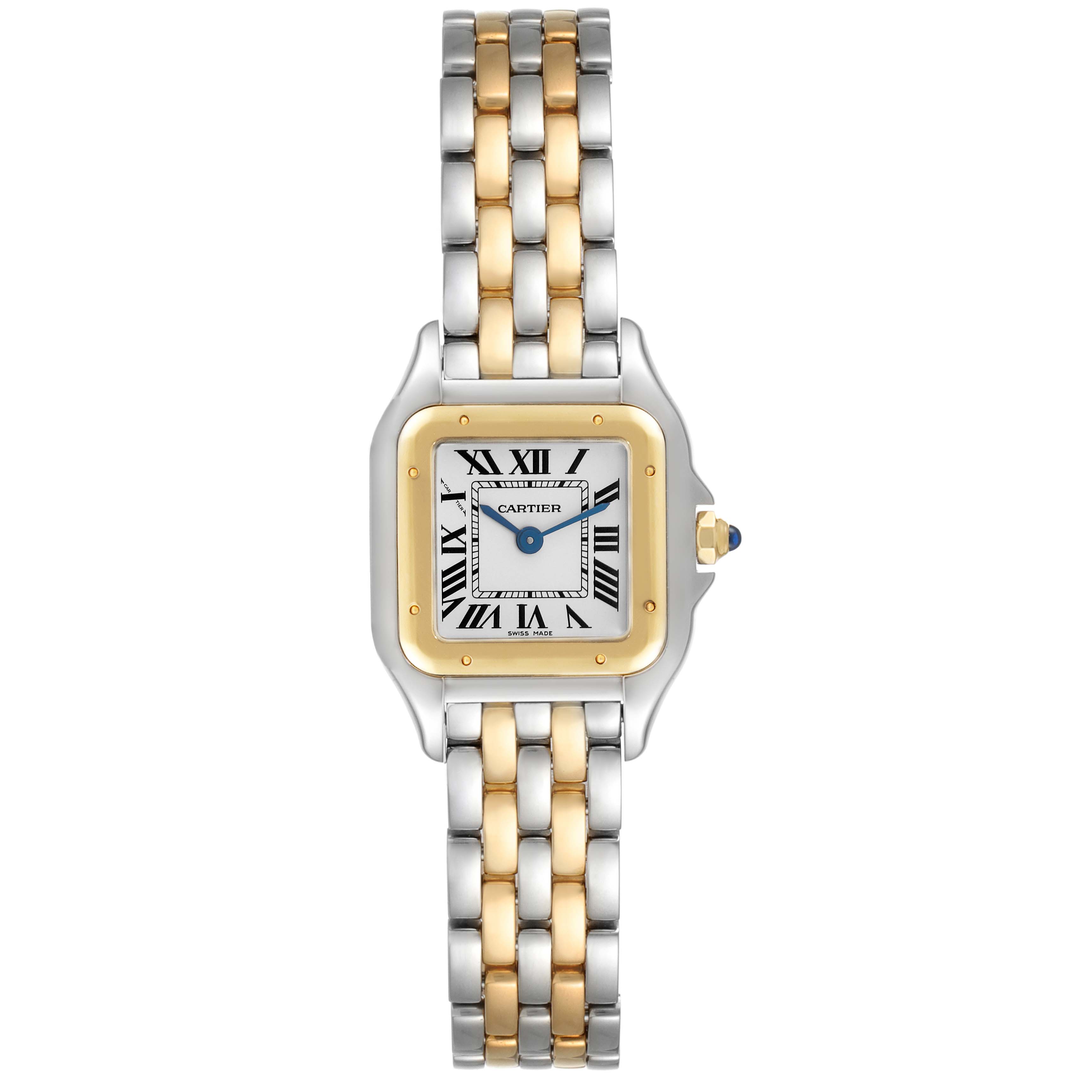 The Cartier Panthere W2PN0006 Women's Steel and Gold (two tone) Silver Dial W2PN0006 Women's Steel and Gold (two tone) Silver Dial watch is shown from a top-down angle, featuring the face, bezel, and two-tone bracelet.