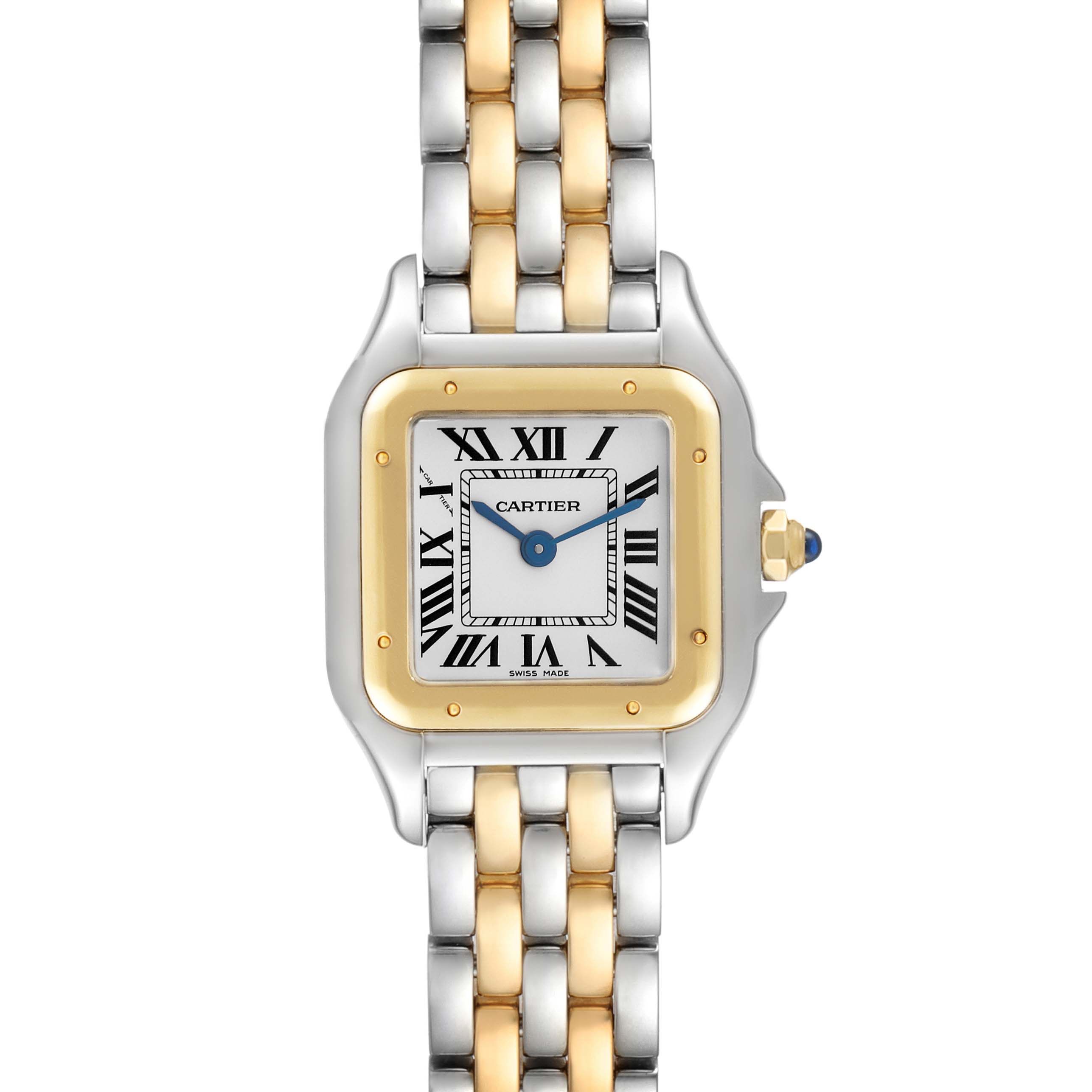 The Cartier Panthere W2PN0006 Women's Steel and Gold (two tone) Silver Dial W2PN0006 Women's Steel and Gold (two tone) Silver Dial watch is shown from a front angle, highlighting its two-tone metal bracelet and square face with Roman numerals.