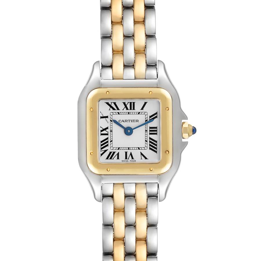 The Cartier Panthere watch is shown from a front angle, highlighting its two-tone metal bracelet and square face with Roman numerals.