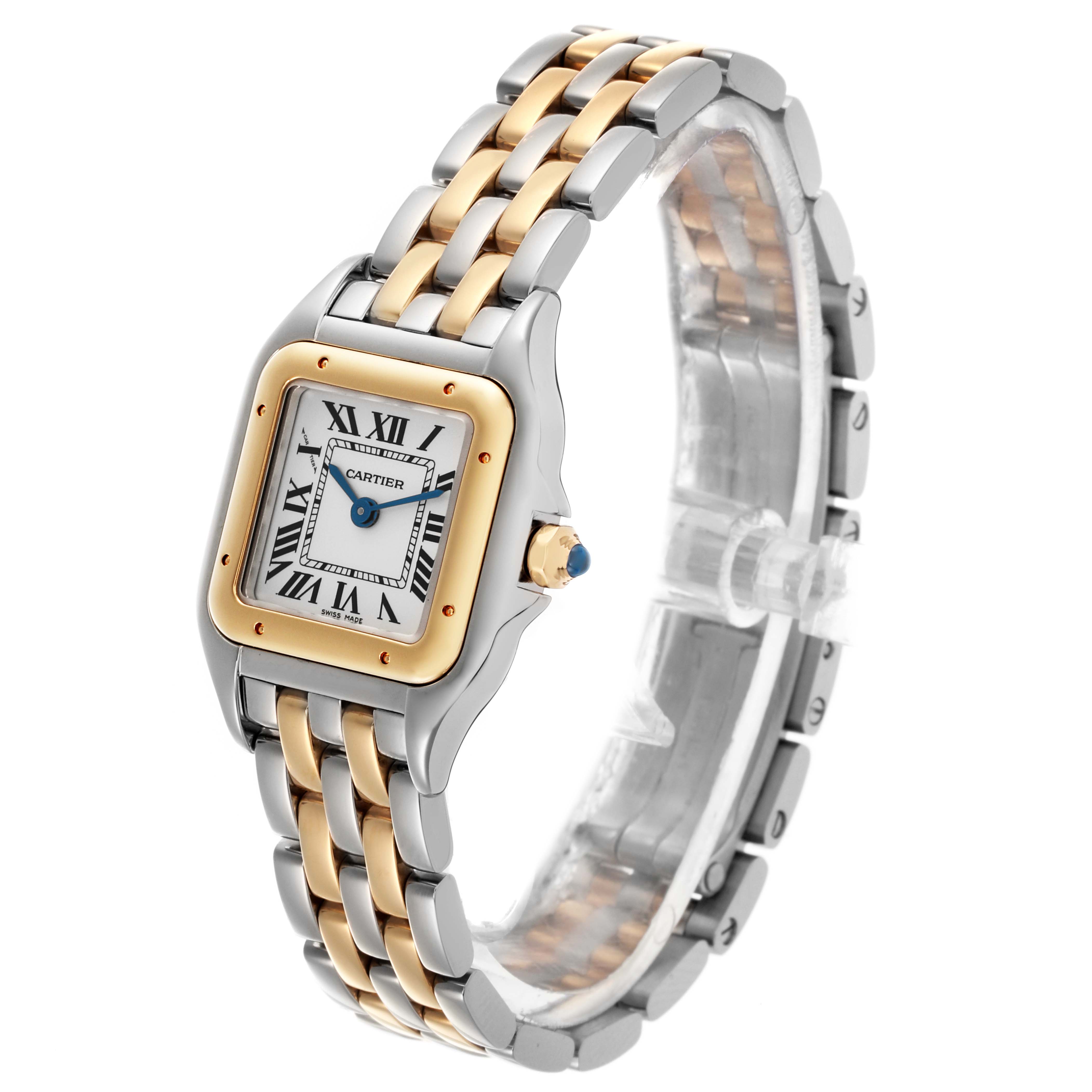 The Cartier Panthere W2PN0006 Women's Steel and Gold (two tone) Silver Dial W2PN0006 Women's Steel and Gold (two tone) Silver Dial watch is shown at a three-quarter angle, displaying the face, crown, and two-tone bracelet.