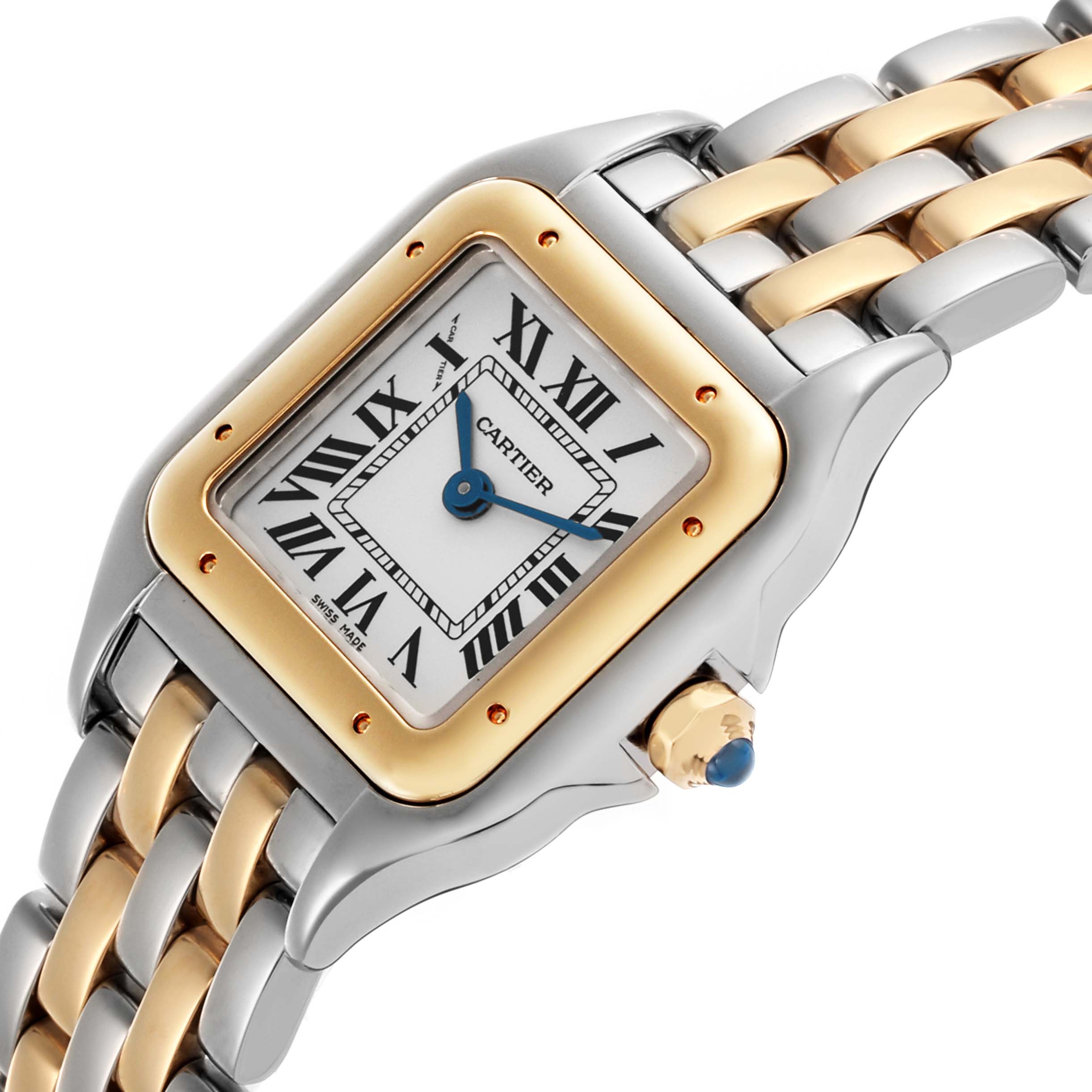 The Cartier Panthere W2PN0006 Women's Steel and Gold (two tone) Silver Dial W2PN0006 Women's Steel and Gold (two tone) Silver Dial watch is shown at an angled view, highlighting the gold bezel, white dial, and two-tone bracelet.