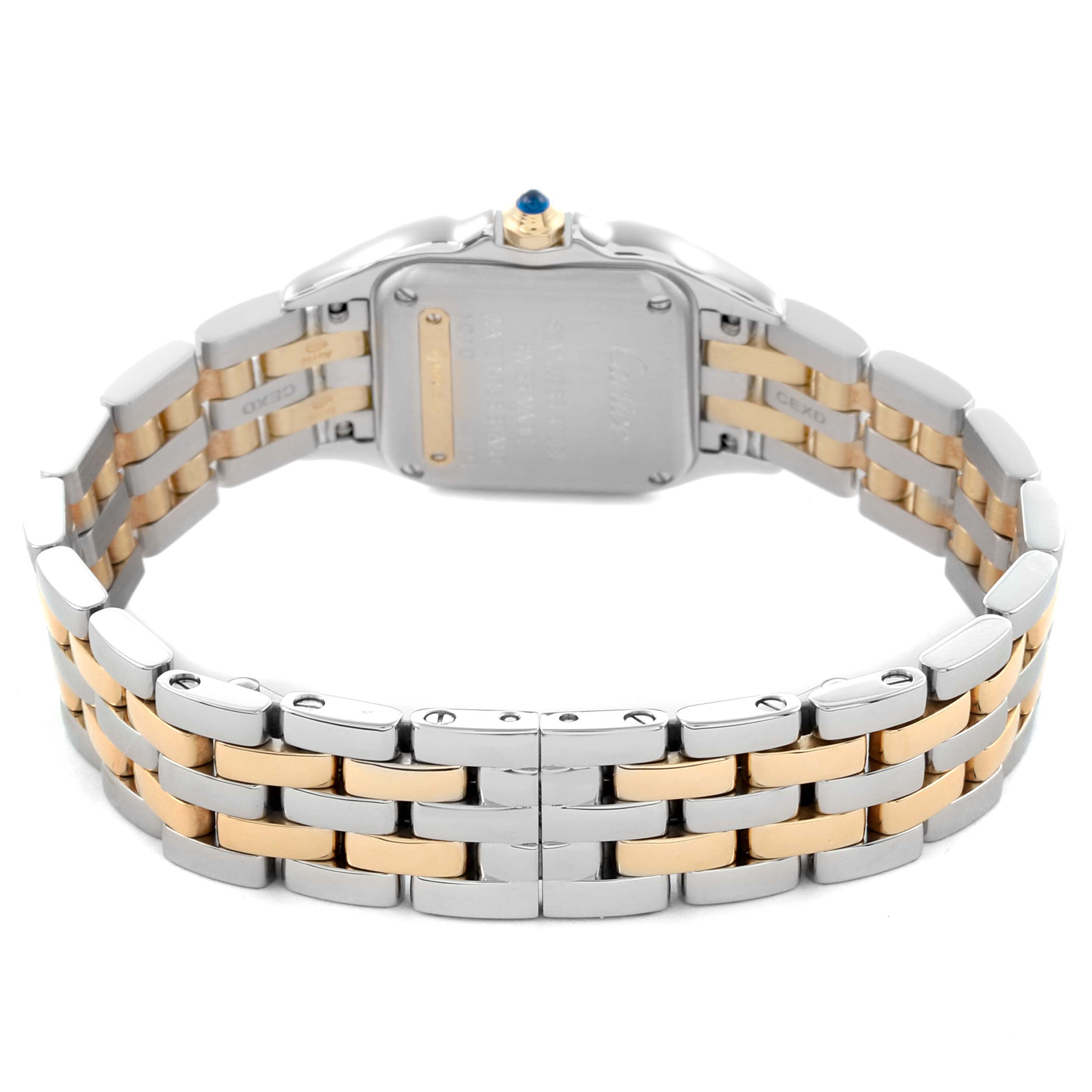 The image shows the back of the Cartier Panthere W2PN0006 Women's Steel and Gold (two tone) Silver Dial W2PN0006 Women's Steel and Gold (two tone) Silver Dial watch with its two-tone metal bracelet and clasp detail.