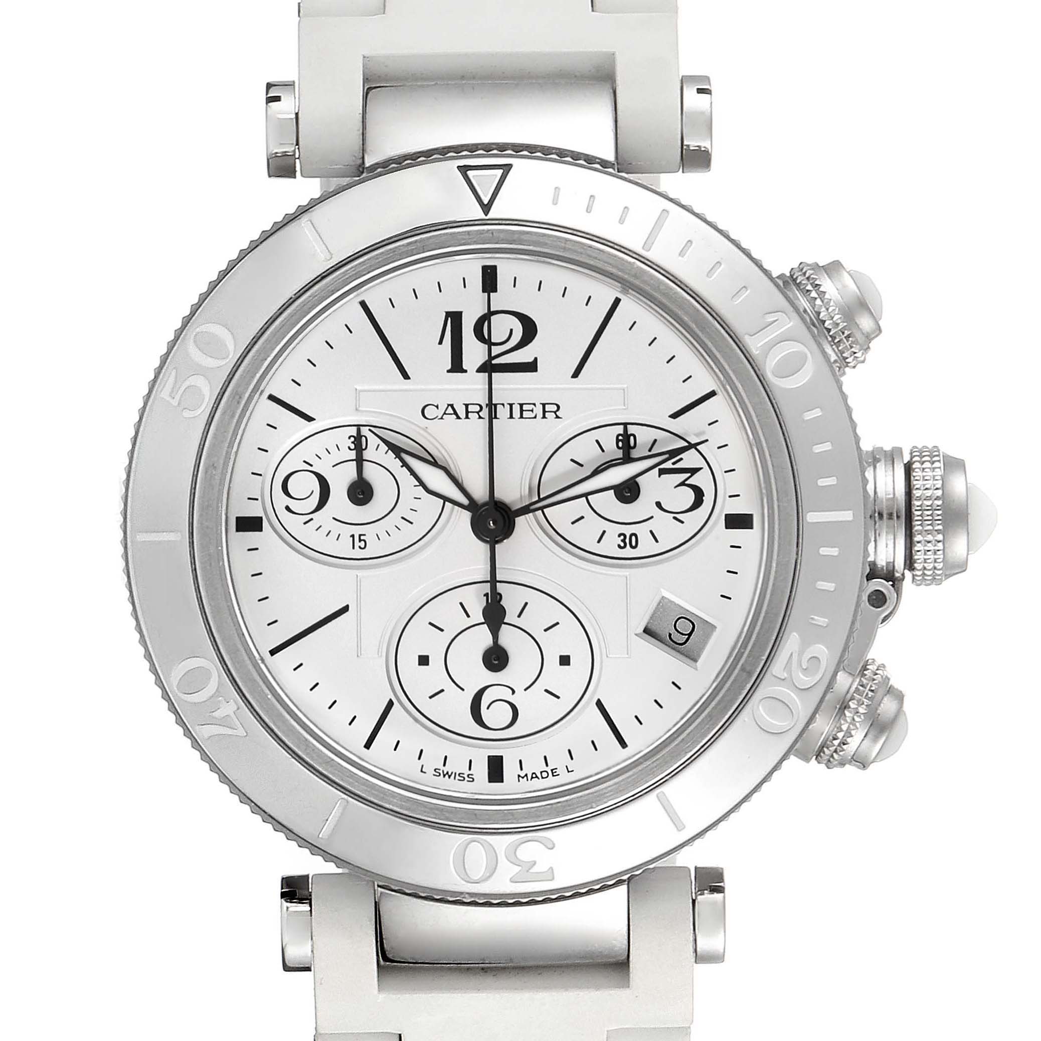This image shows a front view of the Cartier Pasha W3140005 Women's Stainless Steel White Dial W3140005 Women's Stainless Steel White Dial watch, highlighting its face, bezel, and chronograph dials.