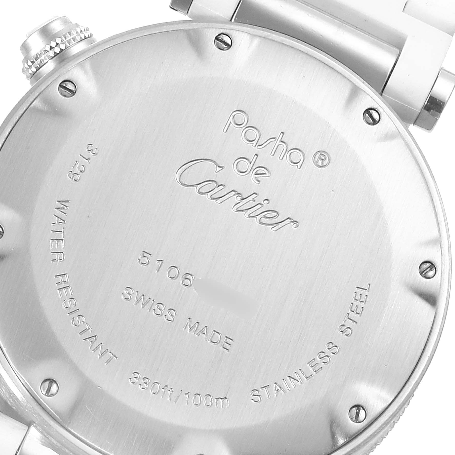 The image shows the back case of a Cartier Pasha W3140005 Women's Stainless Steel White Dial W3140005 Women's Stainless Steel White Dial watch, highlighting its engravings and stainless steel material.