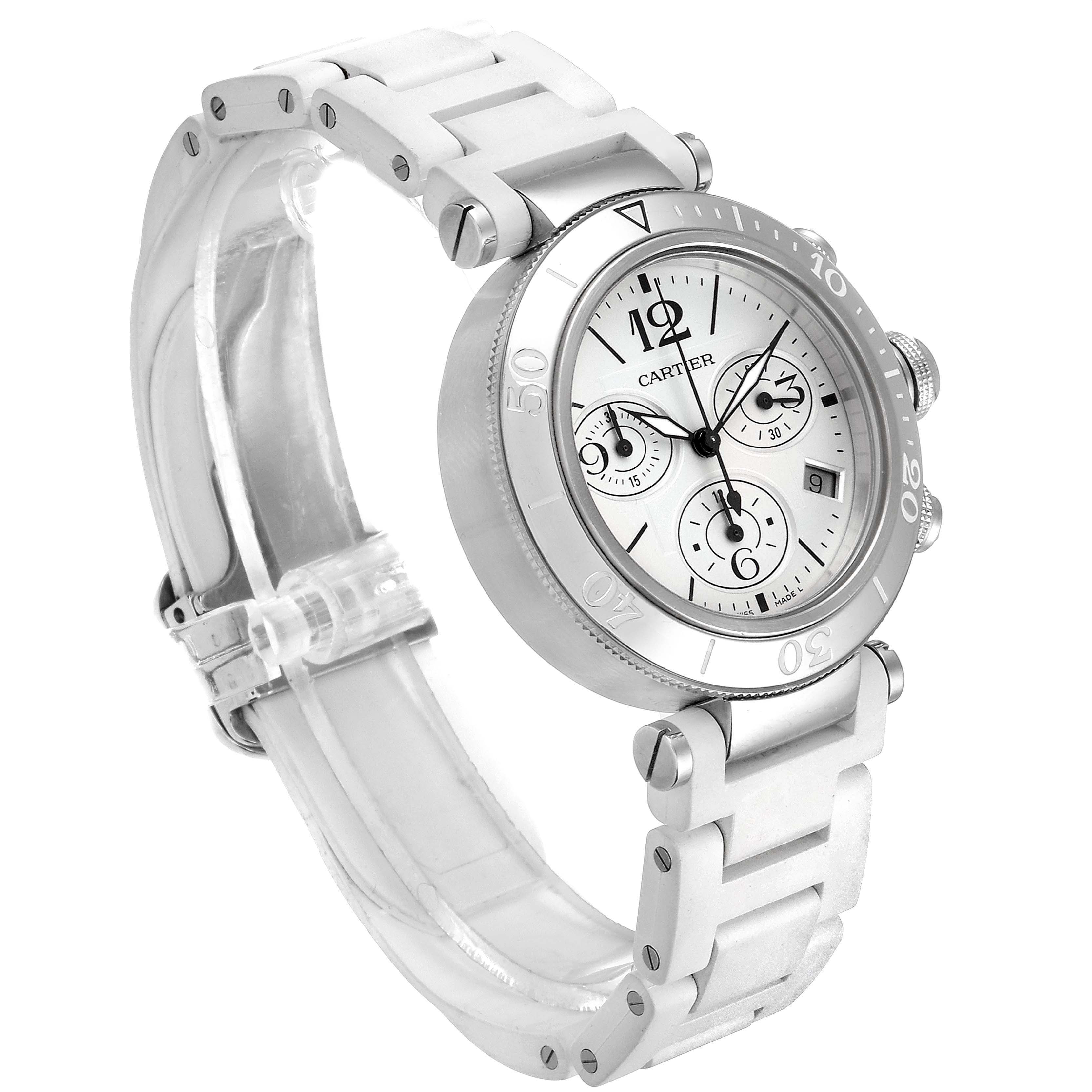 The image shows a side-angle view of the Cartier Pasha W3140005 Women's Stainless Steel White Dial W3140005 Women's Stainless Steel White Dial watch, featuring its face, bezel, and bracelet.