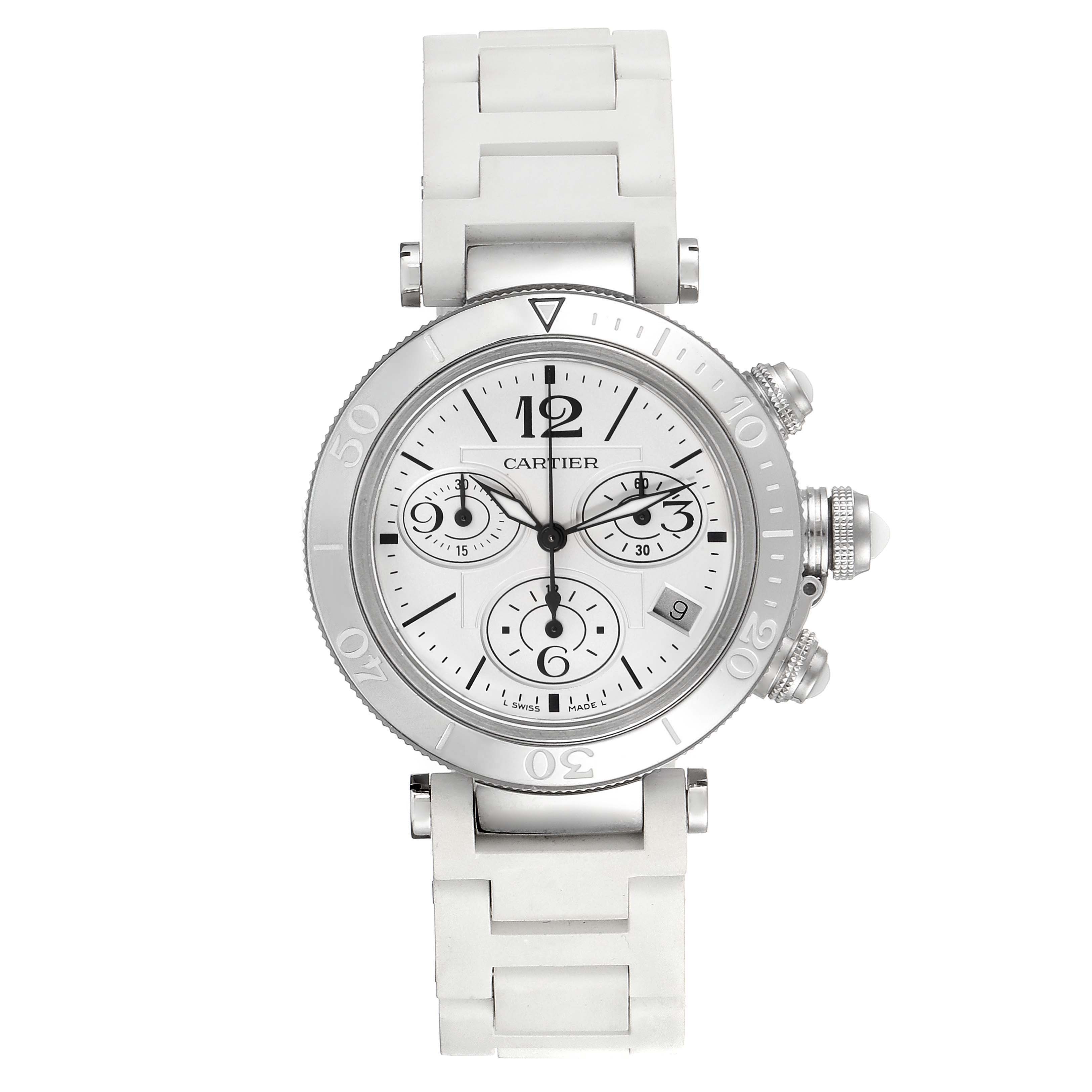 This image shows a Cartier Pasha W3140005 Women's Stainless Steel White Dial W3140005 Women's Stainless Steel White Dial watch from a top-down angle, highlighting its face, bezel, and bracelet.