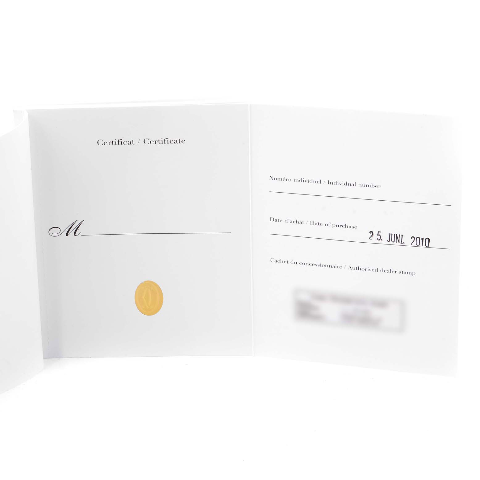 The image shows a certificate for the Cartier Pasha W3140005 Women's Stainless Steel White Dial W3140005 Women's Stainless Steel White Dial watch, featuring a purchase date and a dealer stamp.