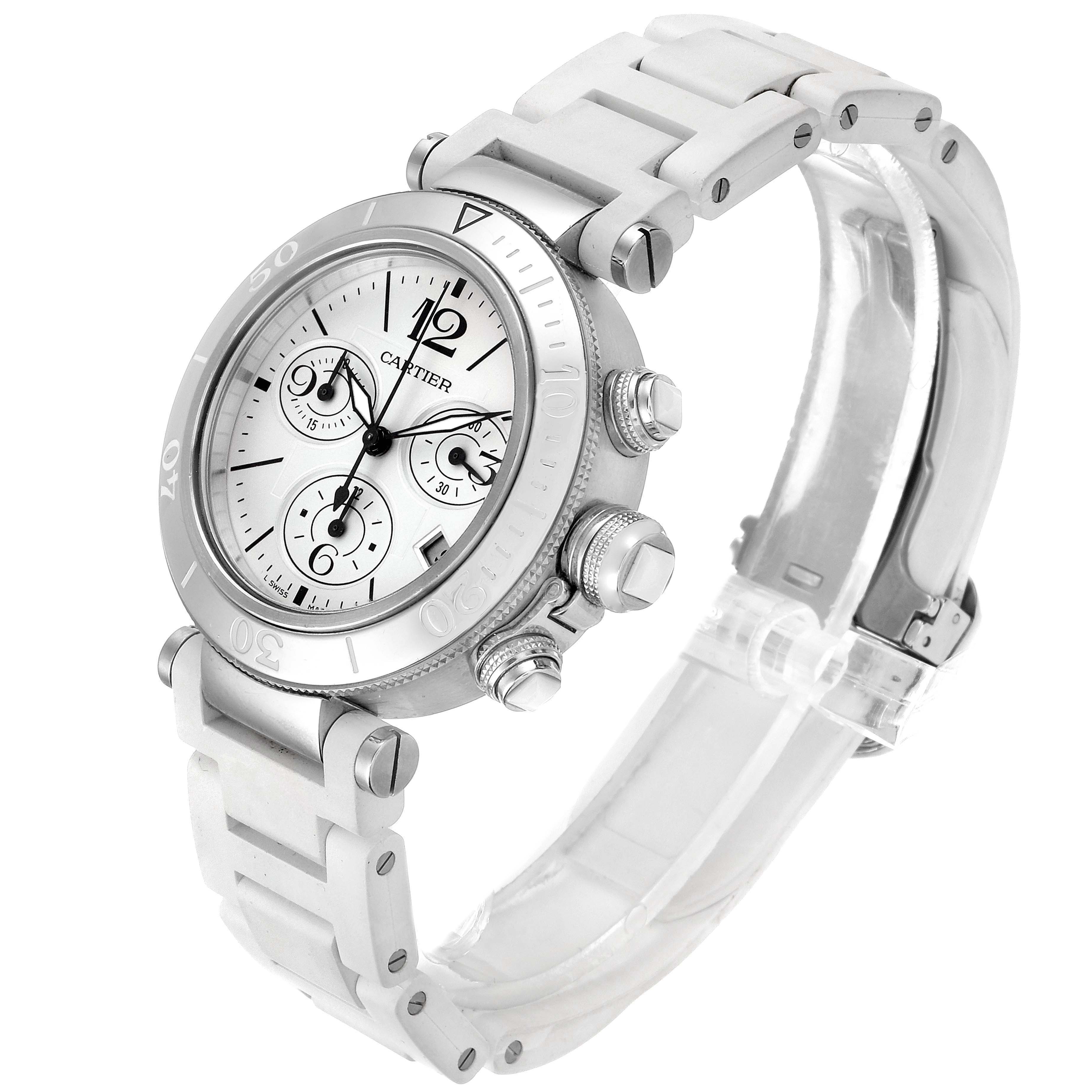 This image shows a side angle of a Cartier Pasha W3140005 Women's Stainless Steel White Dial W3140005 Women's Stainless Steel White Dial watch, highlighting its dial, bezel, and strap.