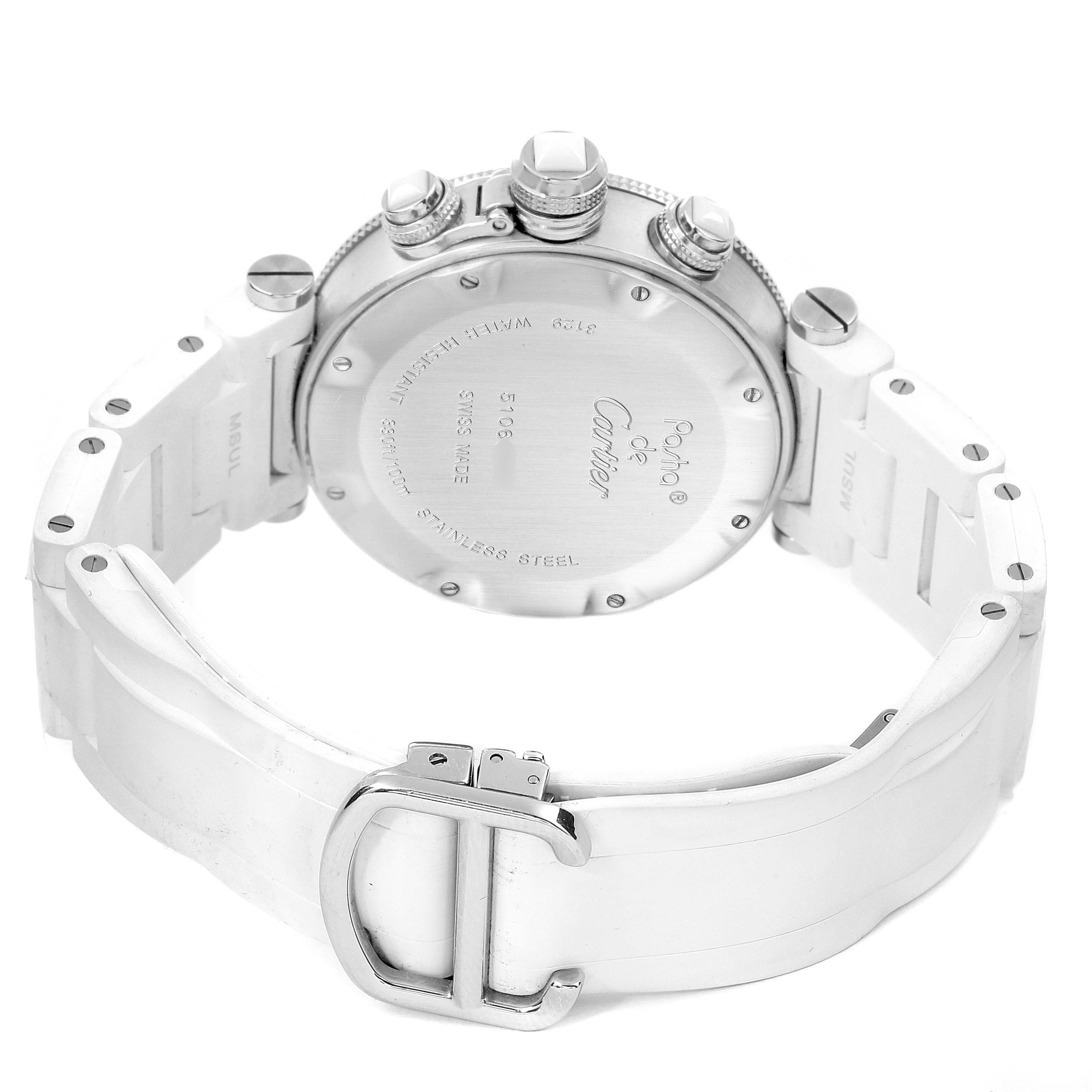 The image shows the back and clasp of a Cartier Pasha W3140005 Women's Stainless Steel White Dial W3140005 Women's Stainless Steel White Dial watch, highlighting the case back, bracelet, and buckle.