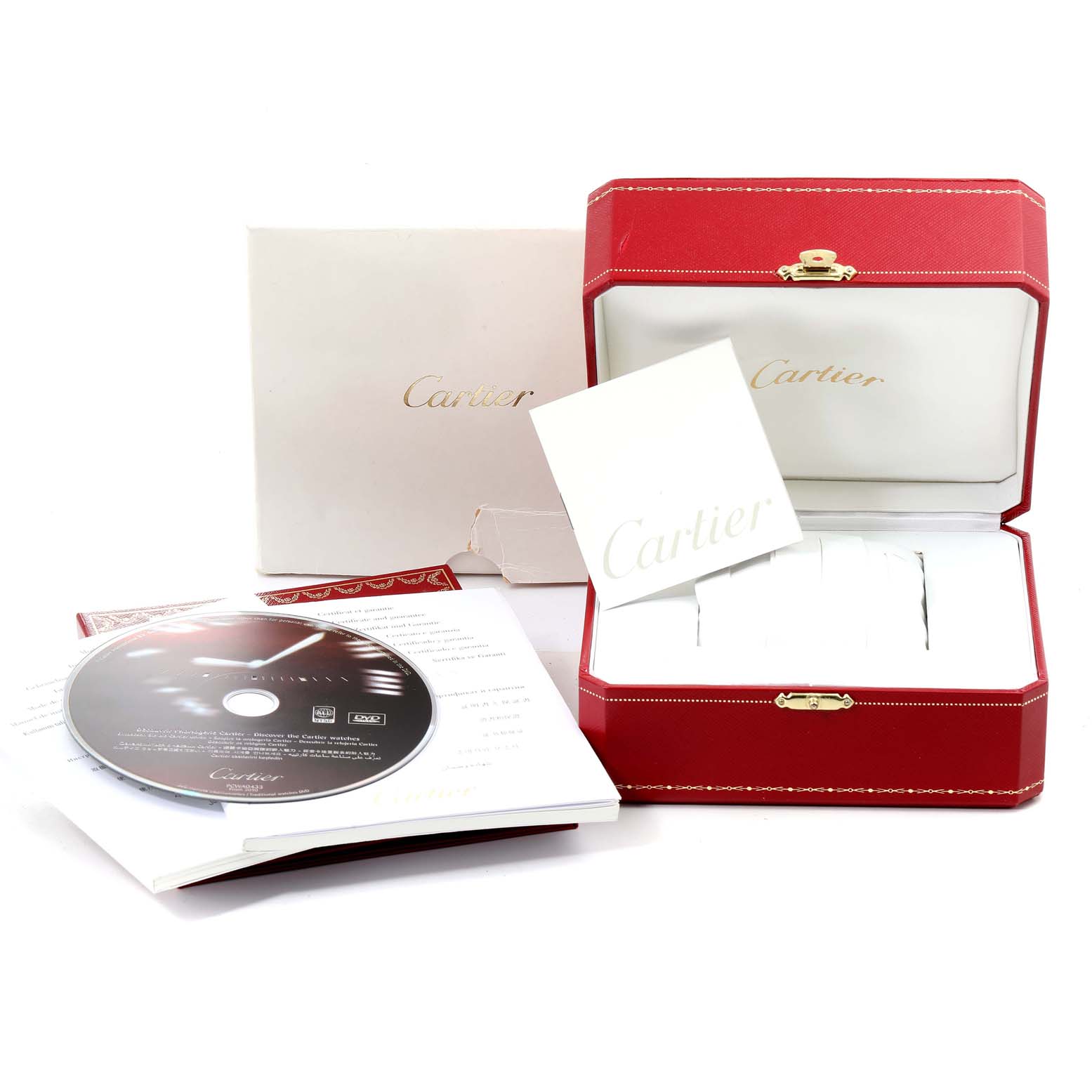 The image shows a Cartier Pasha W3140005 Women's Stainless Steel White Dial W3140005 Women's Stainless Steel White Dial watch box, manual, CD, and paperwork from a front angle.