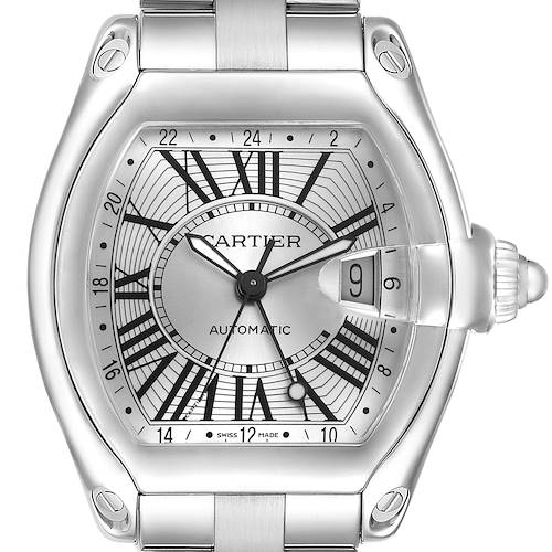 The Cartier Roadster 76994 Men's Stainless Steel Silver Dial watch is shown from a front angle, highlighting the dial, case, and date window.