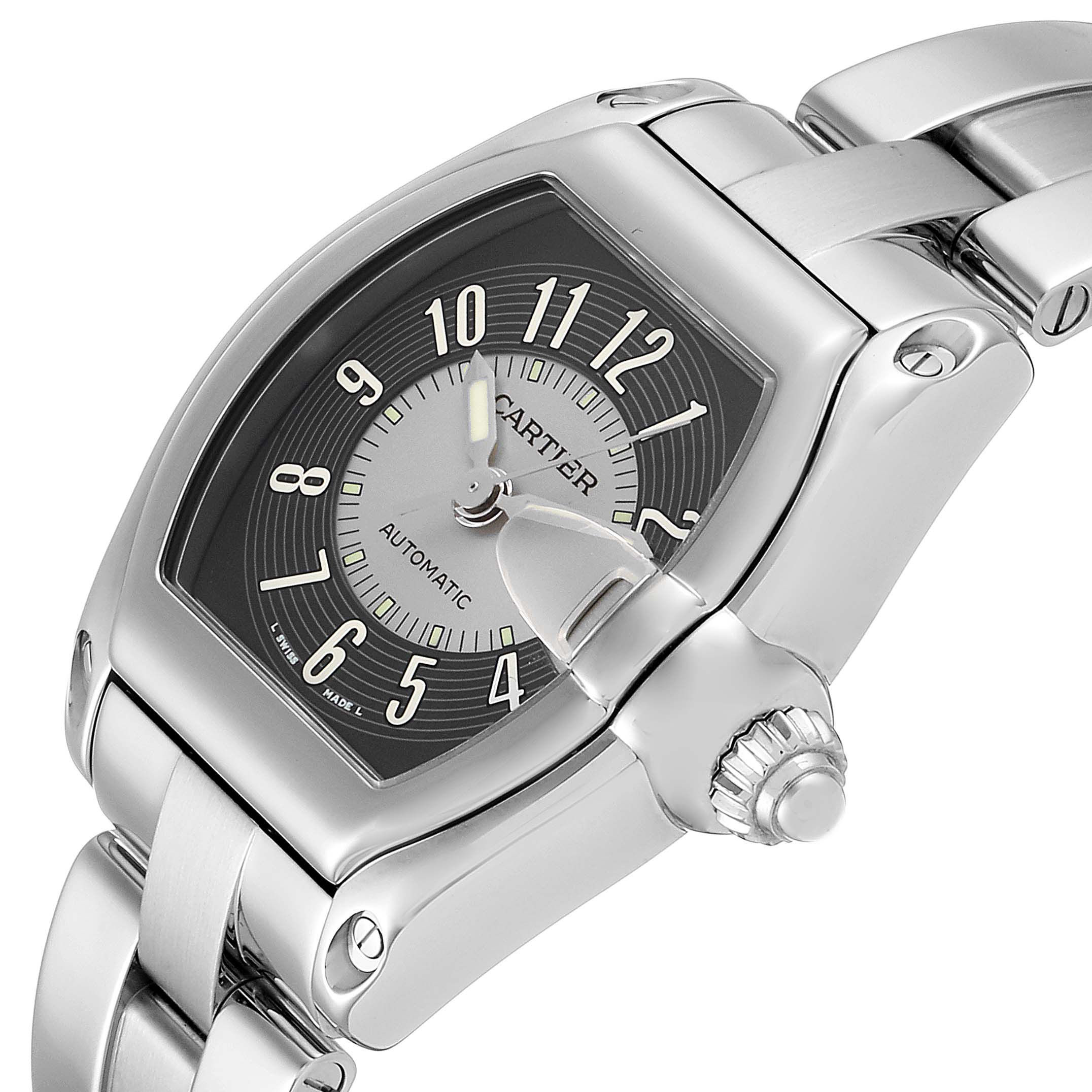 The image shows a close-up view of the Cartier Roadster W62004V3 Men's Stainless Steel Grey Dial W62004V3 Men's Stainless Steel Grey Dial watch, displaying the dial, case, crown, and part of the bracelet.