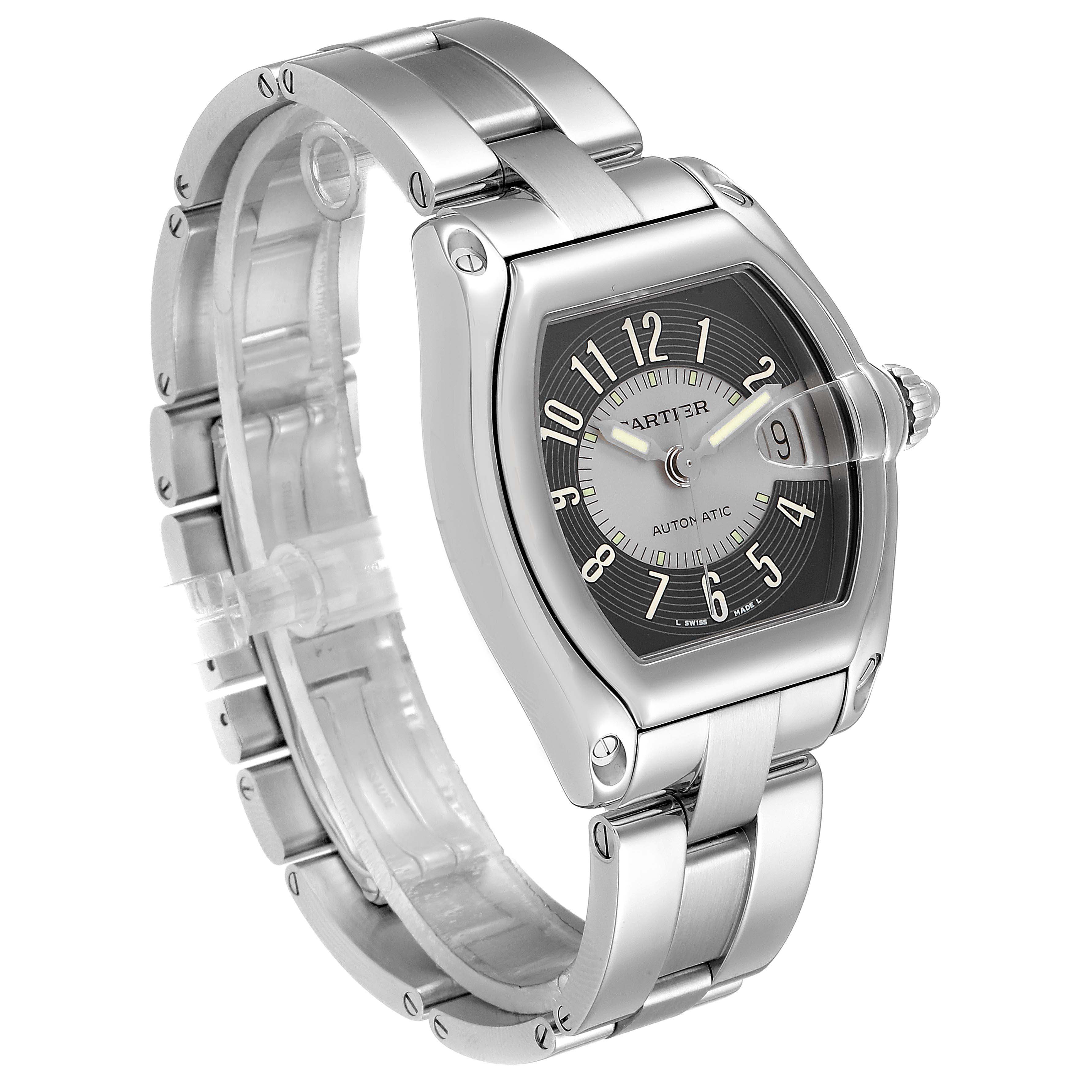 This image shows a Cartier Roadster W62004V3 Men's Stainless Steel Grey Dial W62004V3 Men's Stainless Steel Grey Dial model watch from an angled side view, highlighting the stainless steel bracelet and distinct face design.