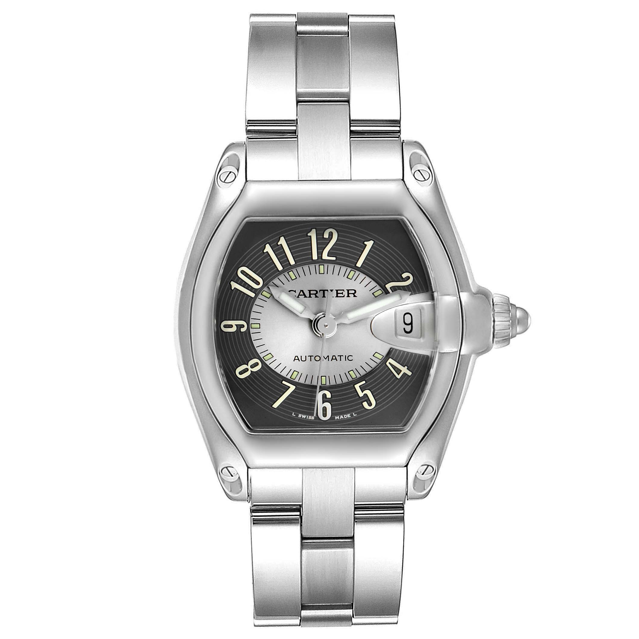 The image shows a Cartier Roadster W62004V3 Men's Stainless Steel Grey Dial W62004V3 Men's Stainless Steel Grey Dial model watch from a front-facing angle, highlighting the face, case, and stainless steel bracelet.