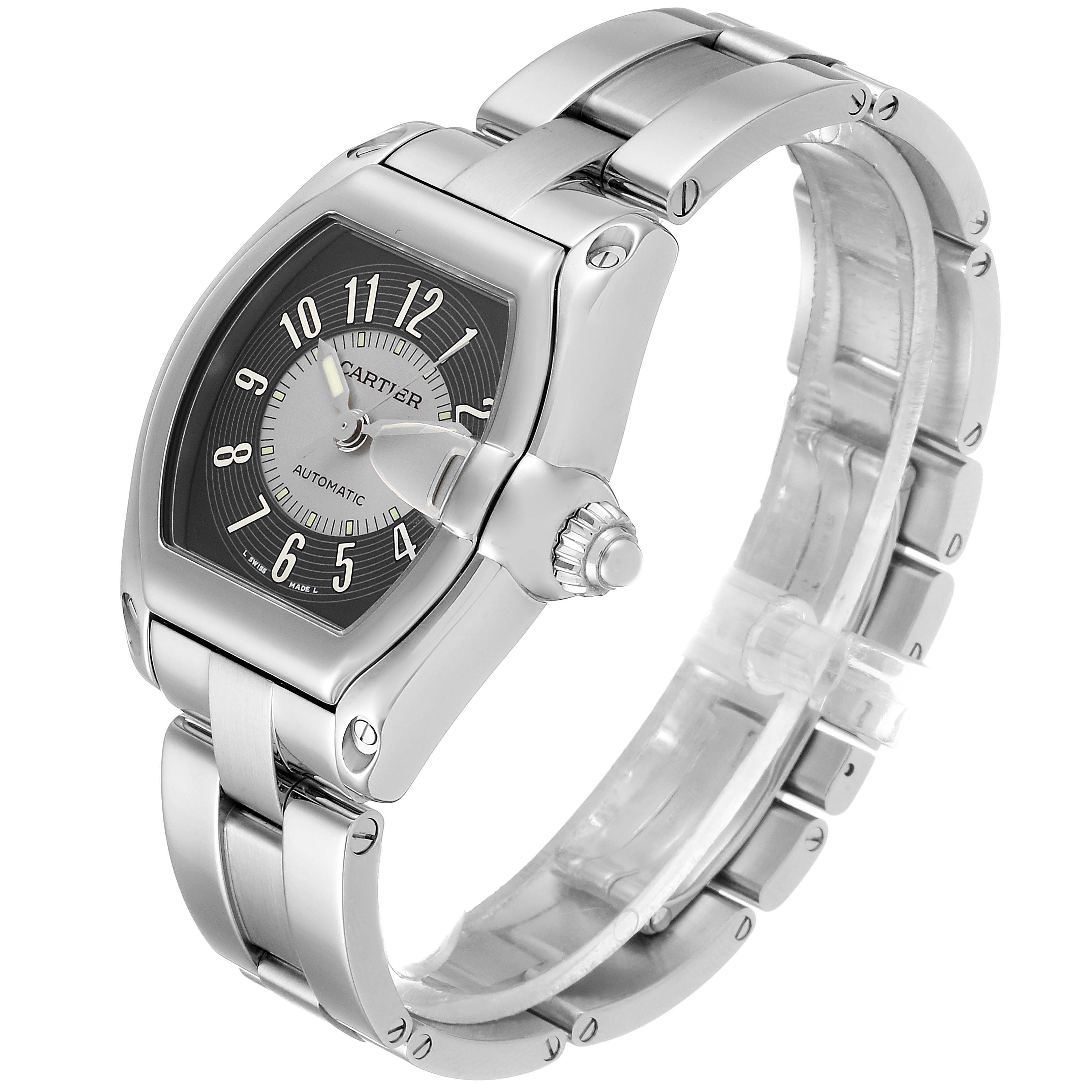 The Cartier Roadster W62004V3 Men's Stainless Steel Grey Dial W62004V3 Men's Stainless Steel Grey Dial watch is shown at a three-quarter angle, featuring its face, bezel, and bracelet.