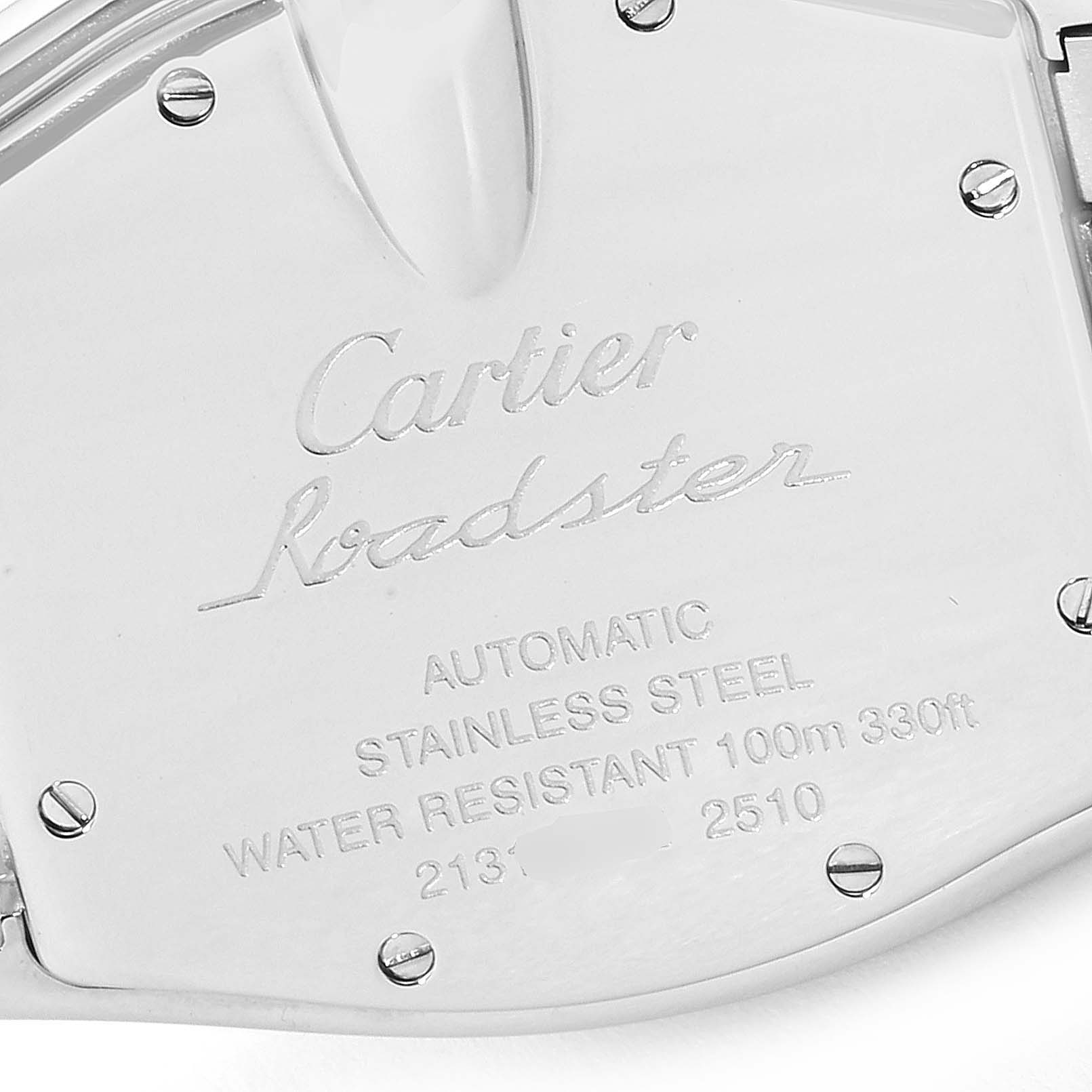 The image shows the back case of a Cartier Roadster W62004V3 Men's Stainless Steel Grey Dial W62004V3 Men's Stainless Steel Grey Dial watch, highlighting its engraved specifications.