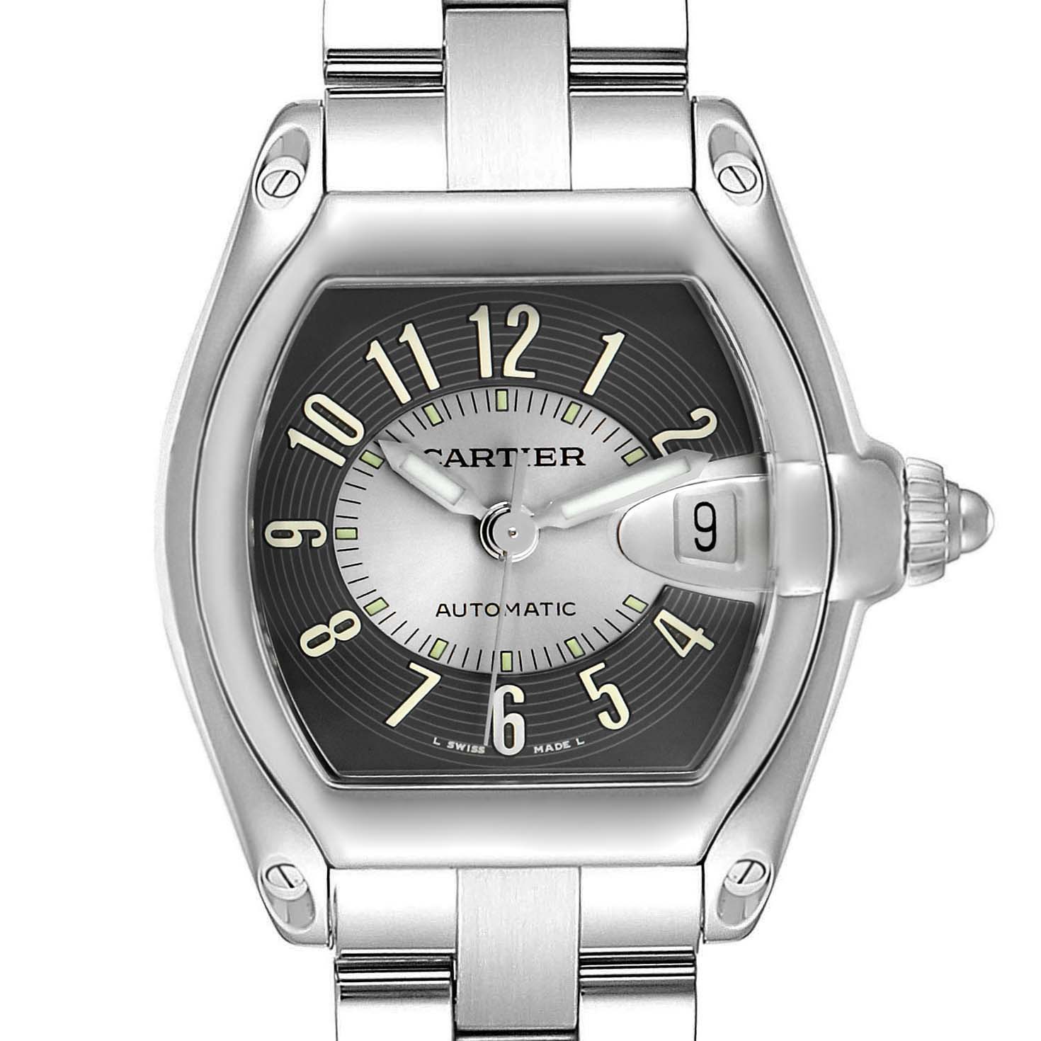 The image shows a front view of the Cartier Roadster W62004V3 Men's Stainless Steel Grey Dial W62004V3 Men's Stainless Steel Grey Dial watch, highlighting its face, bezel, and part of the bracelet.