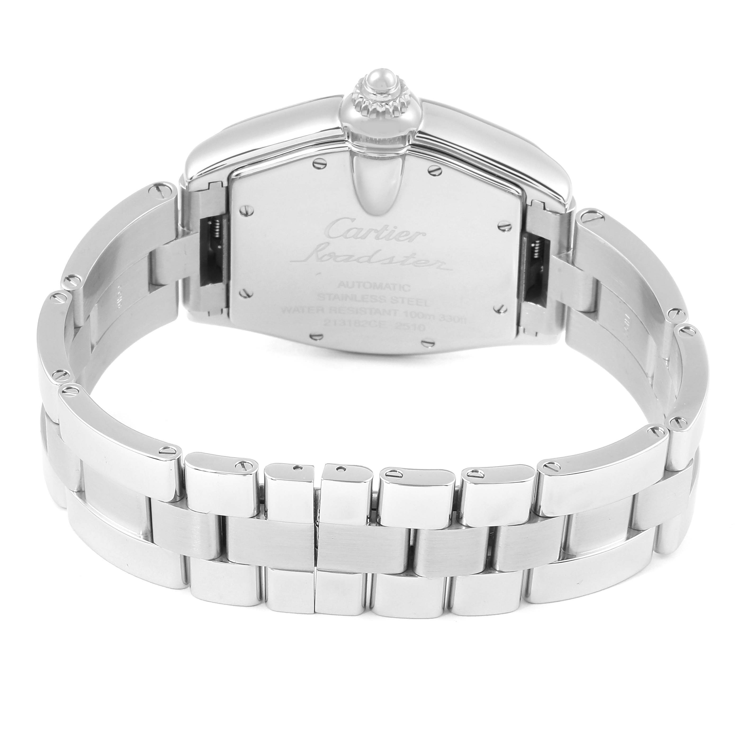 The image shows the back view of a Cartier Roadster W62004V3 Men's Stainless Steel Grey Dial W62004V3 Men's Stainless Steel Grey Dial watch, highlighting its stainless steel case back and bracelet.