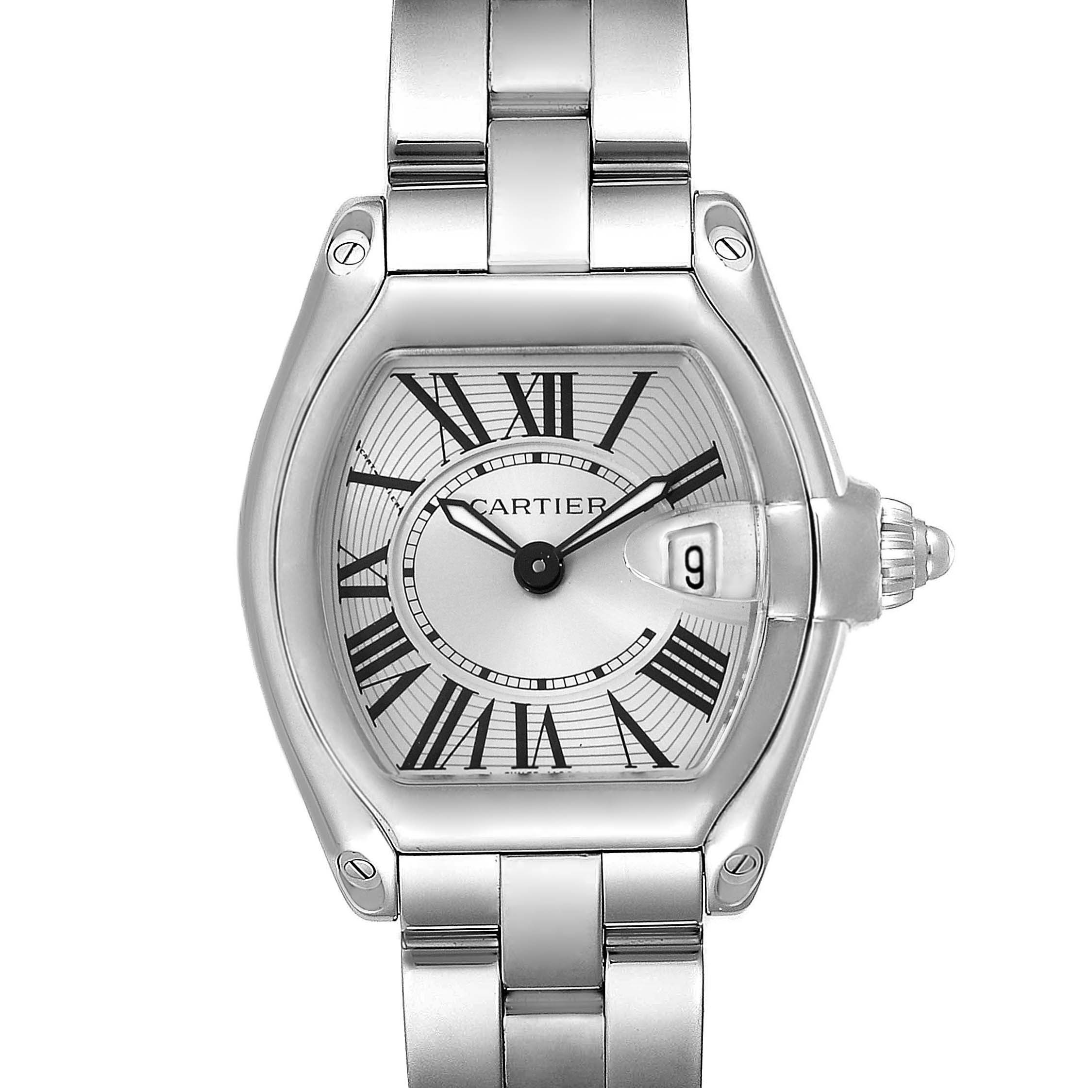 This image shows a front view of a Cartier Roadster W62016V3 Women's Stainless Steel Silver Dial W62016V3 Women's Stainless Steel Silver Dial watch, displaying its face, bezel, and part of the bracelet.