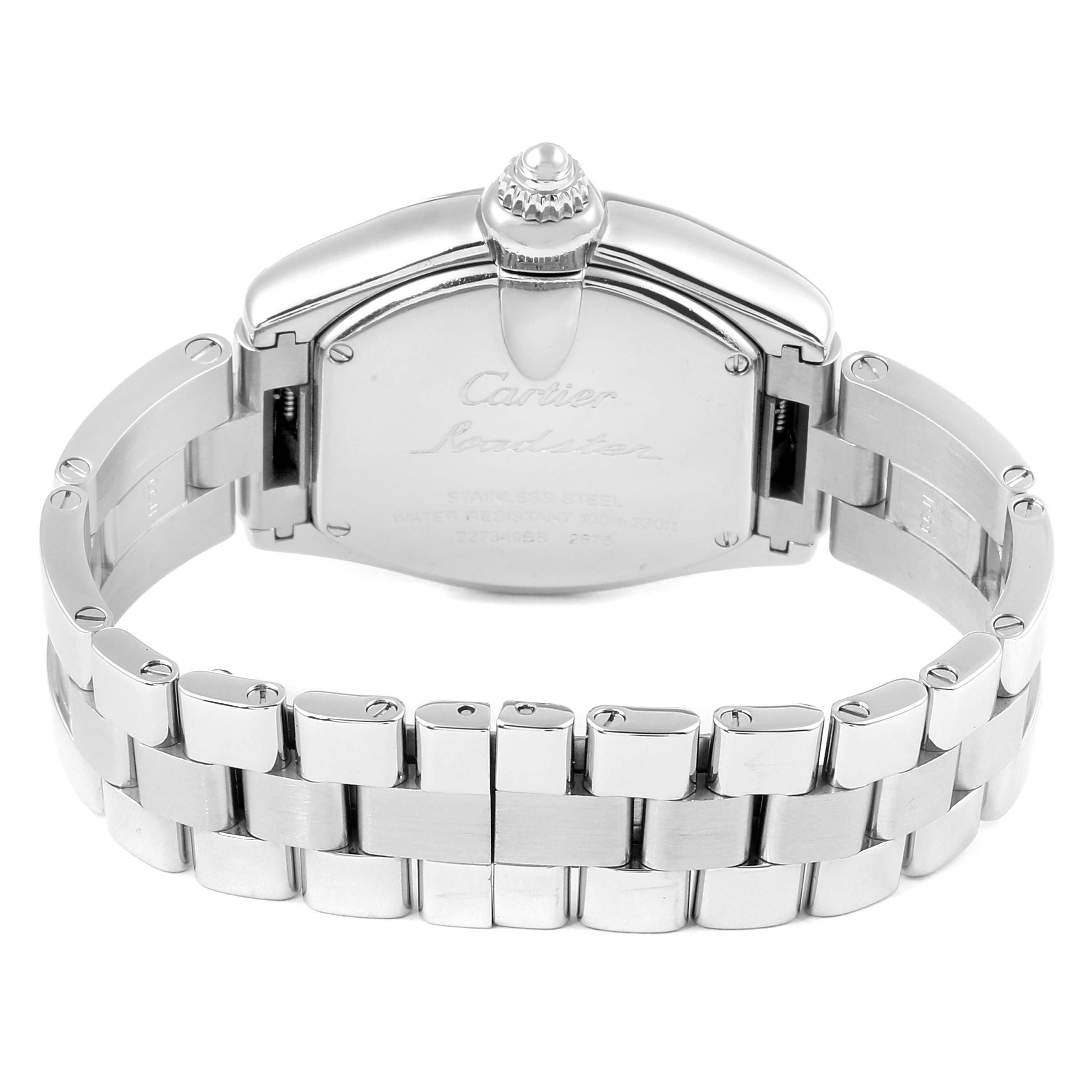 This image shows the back of the Cartier Roadster W62016V3 Women's Stainless Steel Silver Dial W62016V3 Women's Stainless Steel Silver Dial watch, including its caseback, bracelet, and clasp.