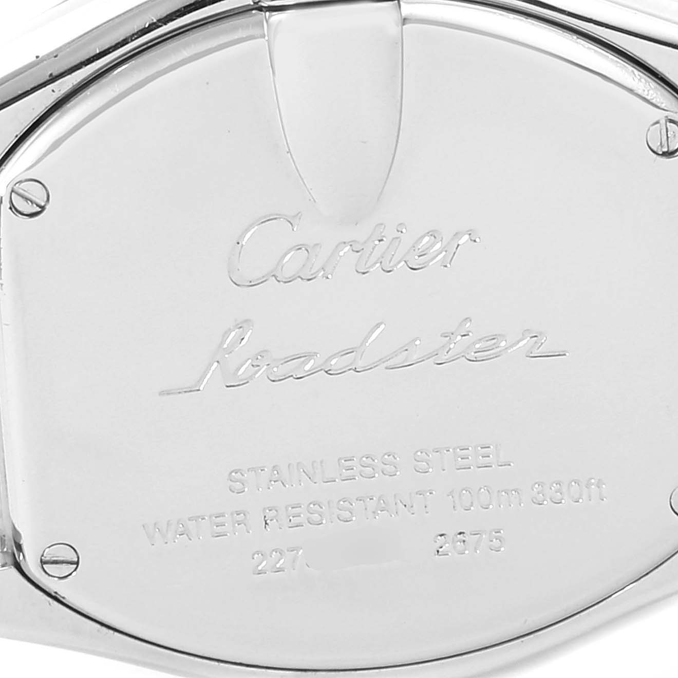The image shows the stainless steel case back of a Cartier Roadster W62016V3 Women's Stainless Steel Silver Dial W62016V3 Women's Stainless Steel Silver Dial watch from a close-up angle.