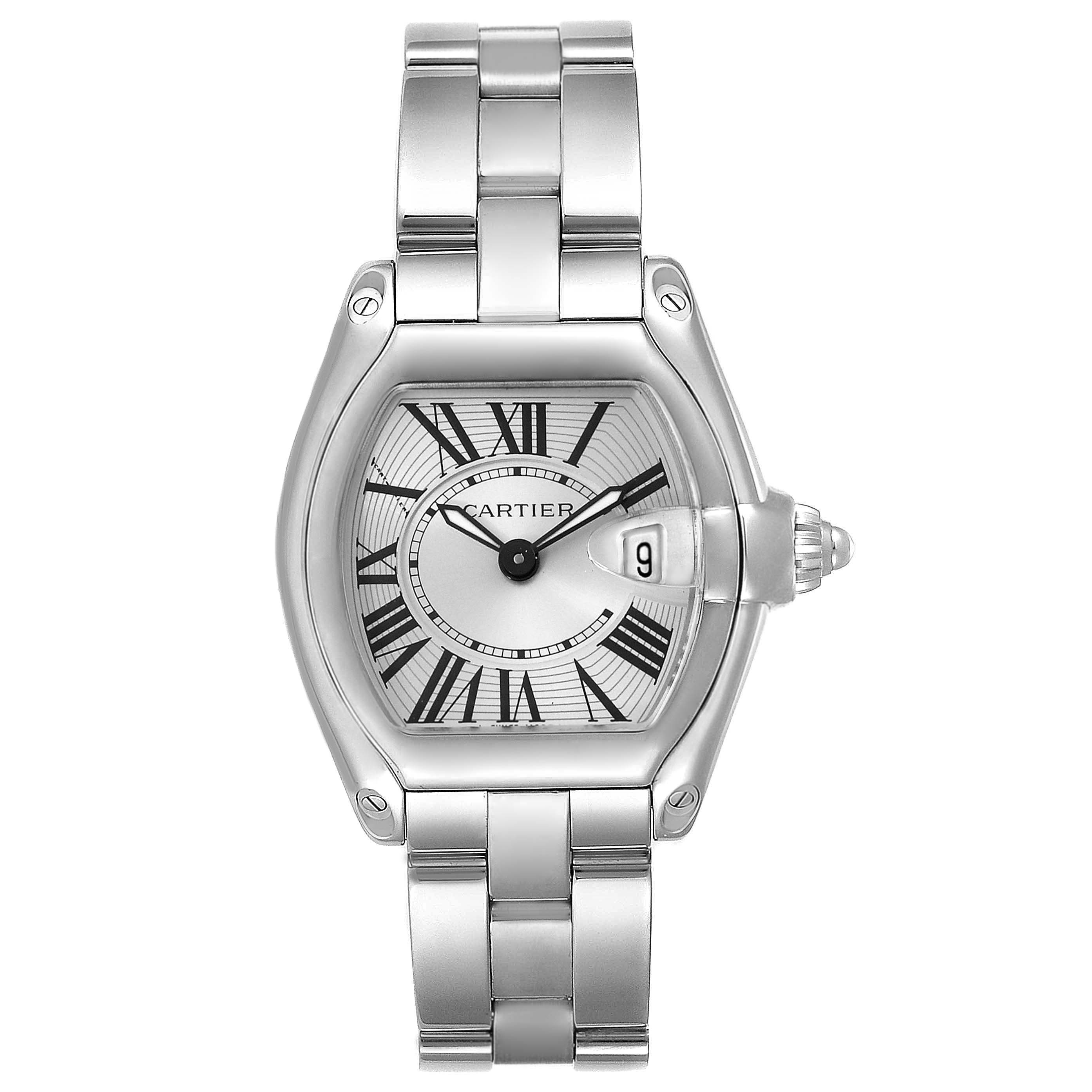 The image shows a frontal view of the Cartier Roadster W62016V3 Women's Stainless Steel Silver Dial W62016V3 Women's Stainless Steel Silver Dial watch, displaying its face, bezel, and metal bracelet.