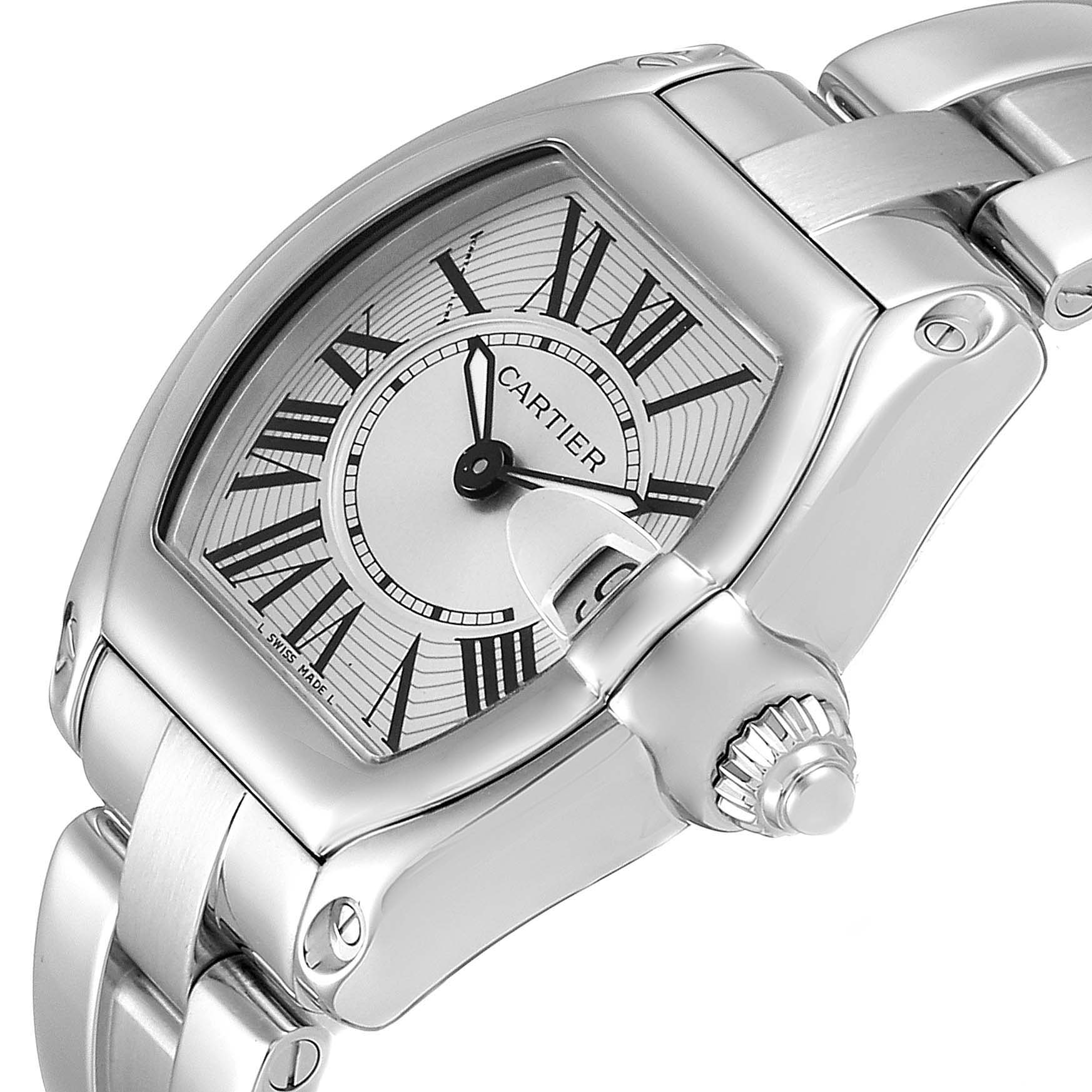 The image shows a close-up angled view of the Cartier Roadster W62016V3 Women's Stainless Steel Silver Dial W62016V3 Women's Stainless Steel Silver Dial watch, highlighting its dial, crown, and part of the bracelet.